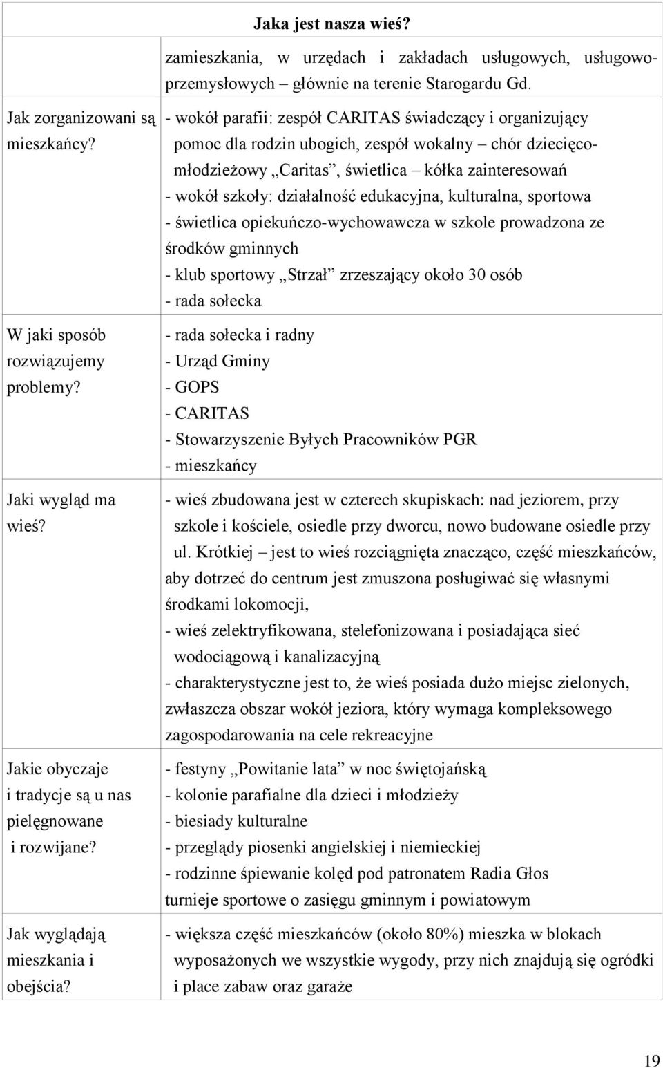 - wokół parafii: zespół CARITAS świadczący i organizujący pomoc dla rodzin ubogich, zespół wokalny chór dziecięcomłodzieżowy Caritas, świetlica kółka zainteresowań - wokół szkoły: działalność