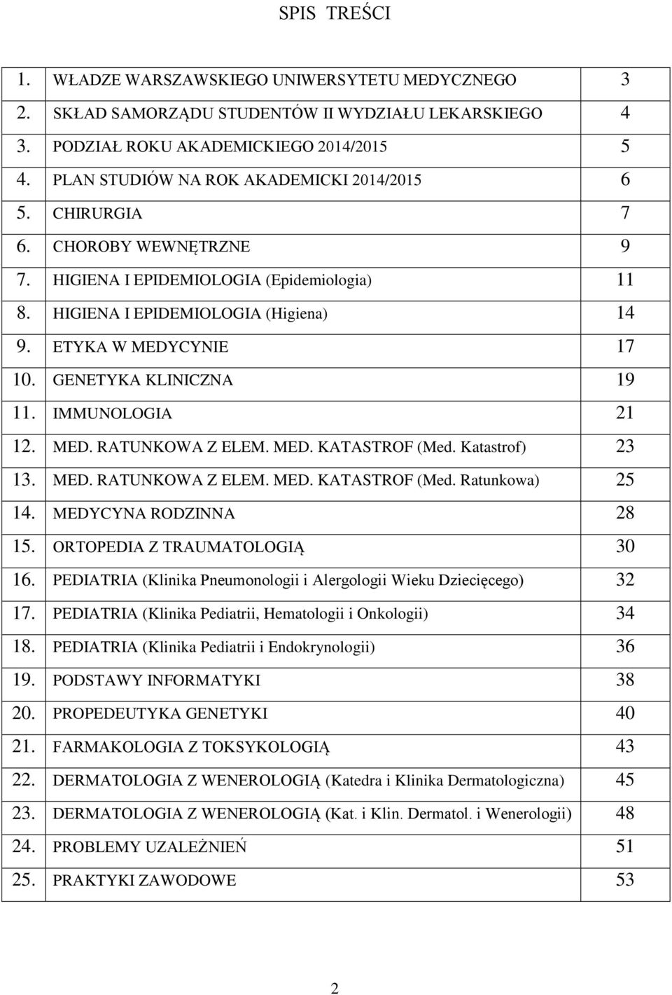 GENETYKA KLINICZNA 19 11. IMMUNOLOGIA 21 12. MED. RATUNKOWA Z ELEM. MED. KATASTROF (Med. Katastrof) 23 13. MED. RATUNKOWA Z ELEM. MED. KATASTROF (Med. Ratunkowa) 25 14. MEDYCYNA RODZINNA 28 15.