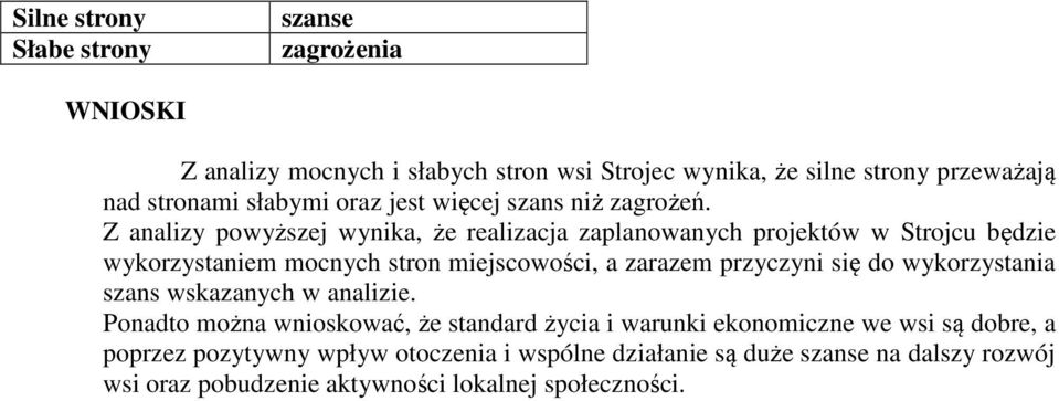 Z analizy powyższej wynika, że realizacja zaplanowanych projektów w Strojcu będzie wykorzystaniem mocnych stron miejscowości, a zarazem przyczyni się do