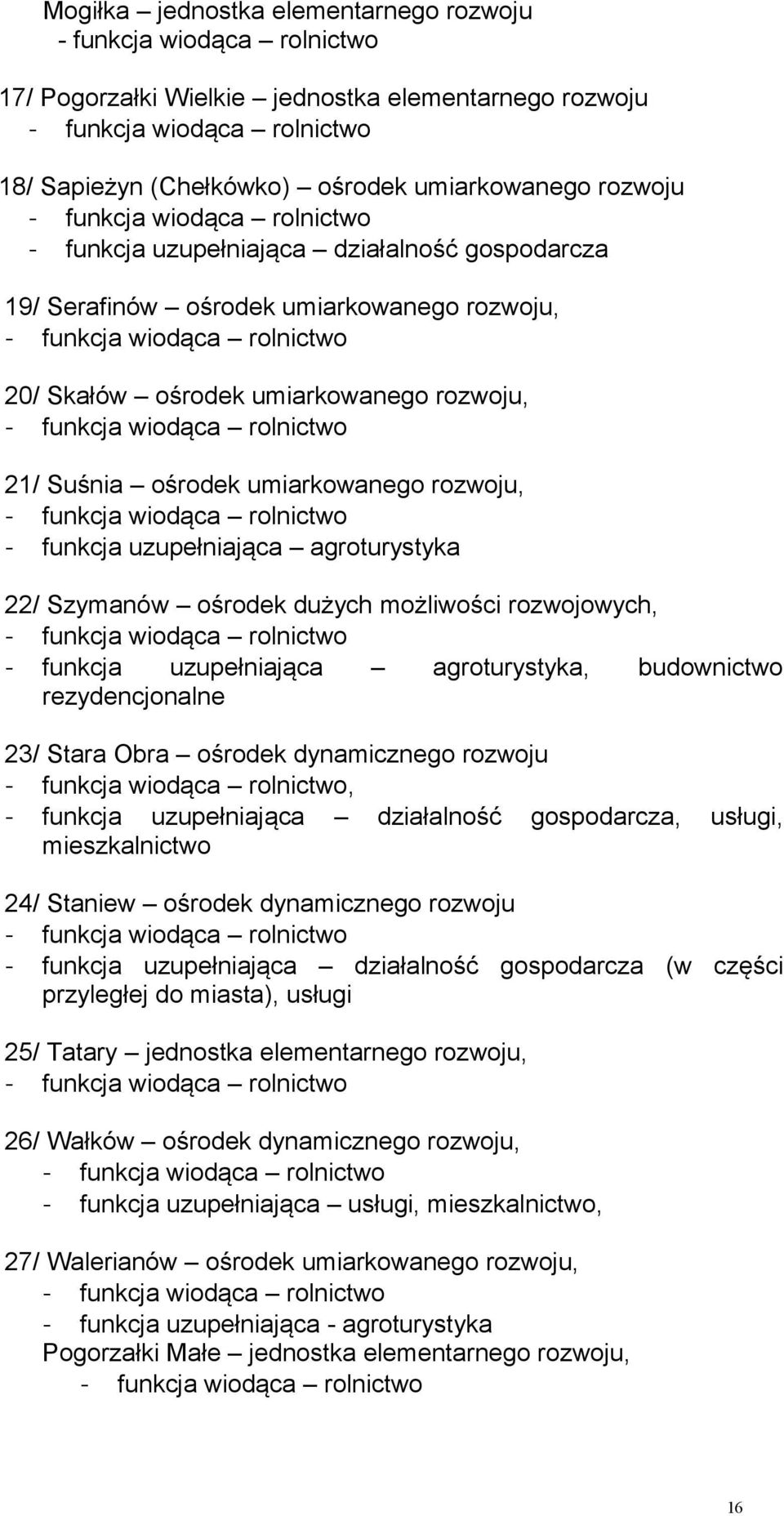 - funkcja wiodąca rolnictwo 21/ Suśnia ośrodek umiarkowanego rozwoju, - funkcja wiodąca rolnictwo - funkcja uzupełniająca agroturystyka 22/ Szymanów ośrodek dużych możliwości rozwojowych, - funkcja