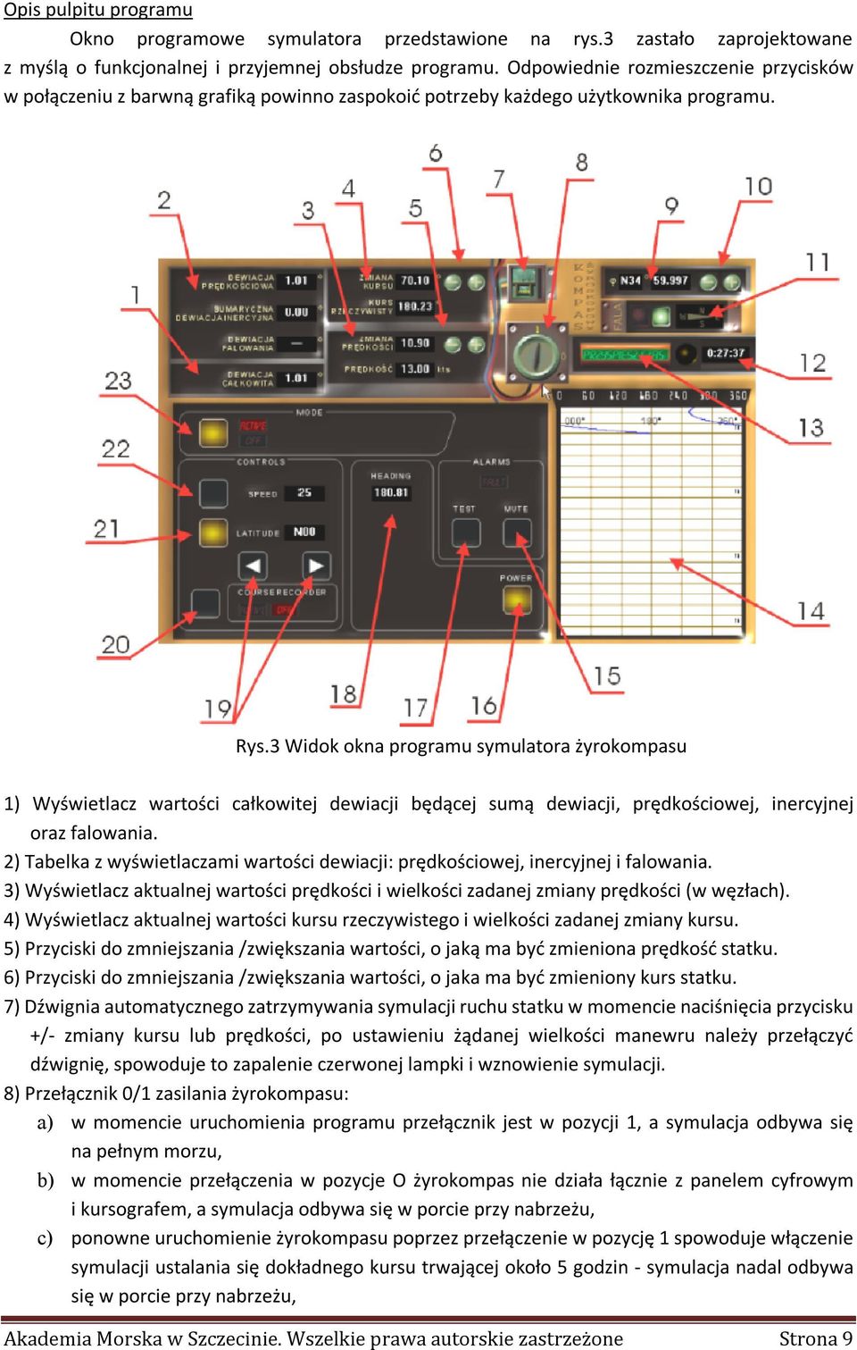 3 Widok okna programu symulatora żyrokompasu 1) Wyświetlacz wartości całkowitej dewiacji będącej sumą dewiacji, prędkościowej, inercyjnej oraz falowania.