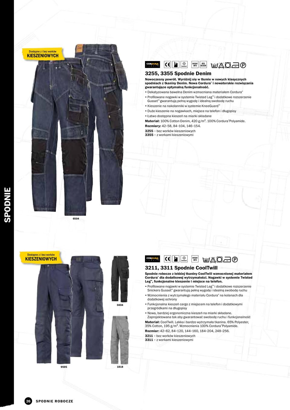 Dekatyzowana bawełna Denim wzmacniana materiałem Cordura Profilowane nogawki w systemie Twisted Leg i dodatkowe rozszerzenie Gusset gwarantują pełną wygodę i idealną swobodę ruchu Kieszenie na