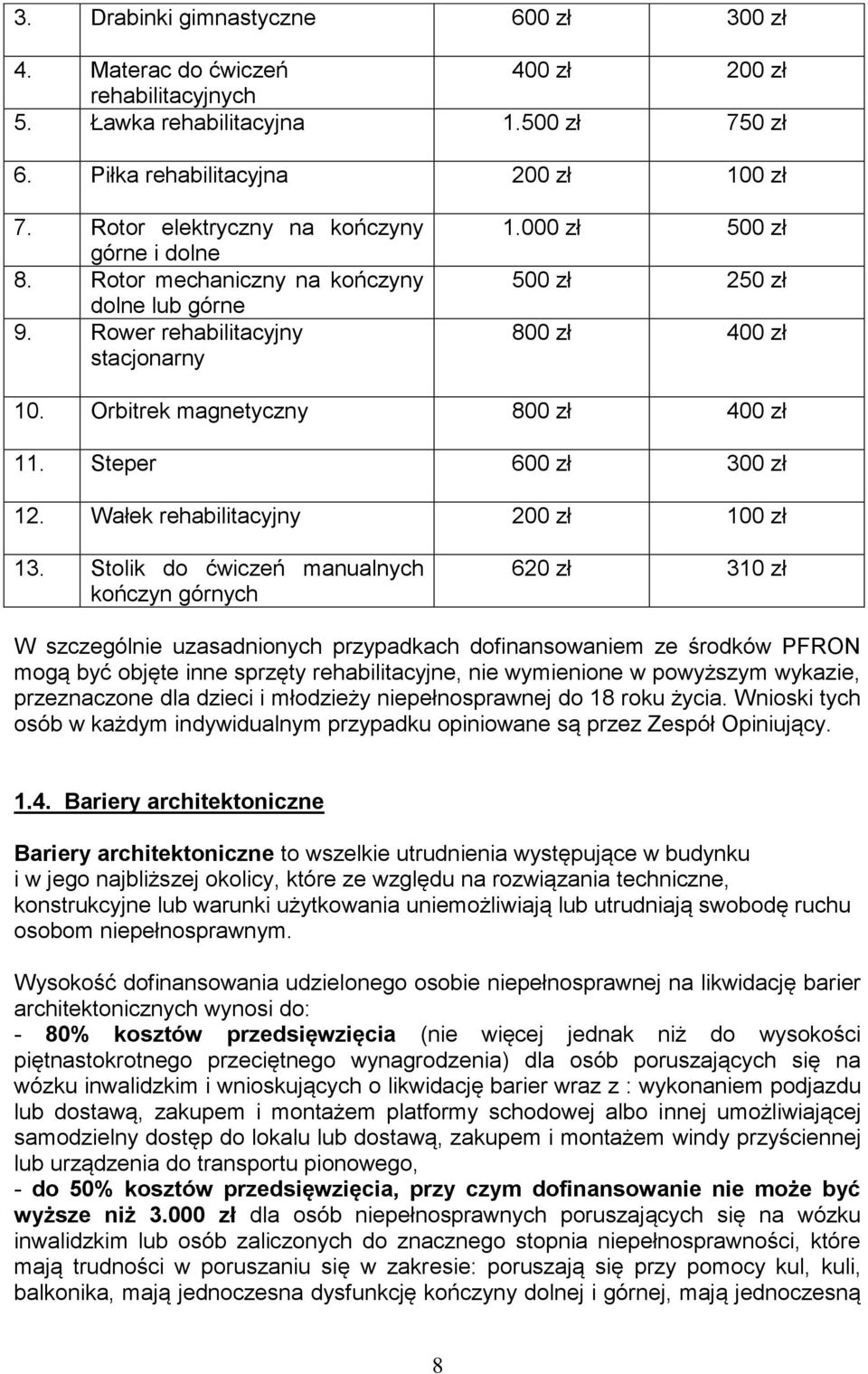 Orbitrek magnetyczny 800 zł 400 zł 11. Steper 600 zł 300 zł 12. Wałek rehabilitacyjny 200 zł 100 zł 13.