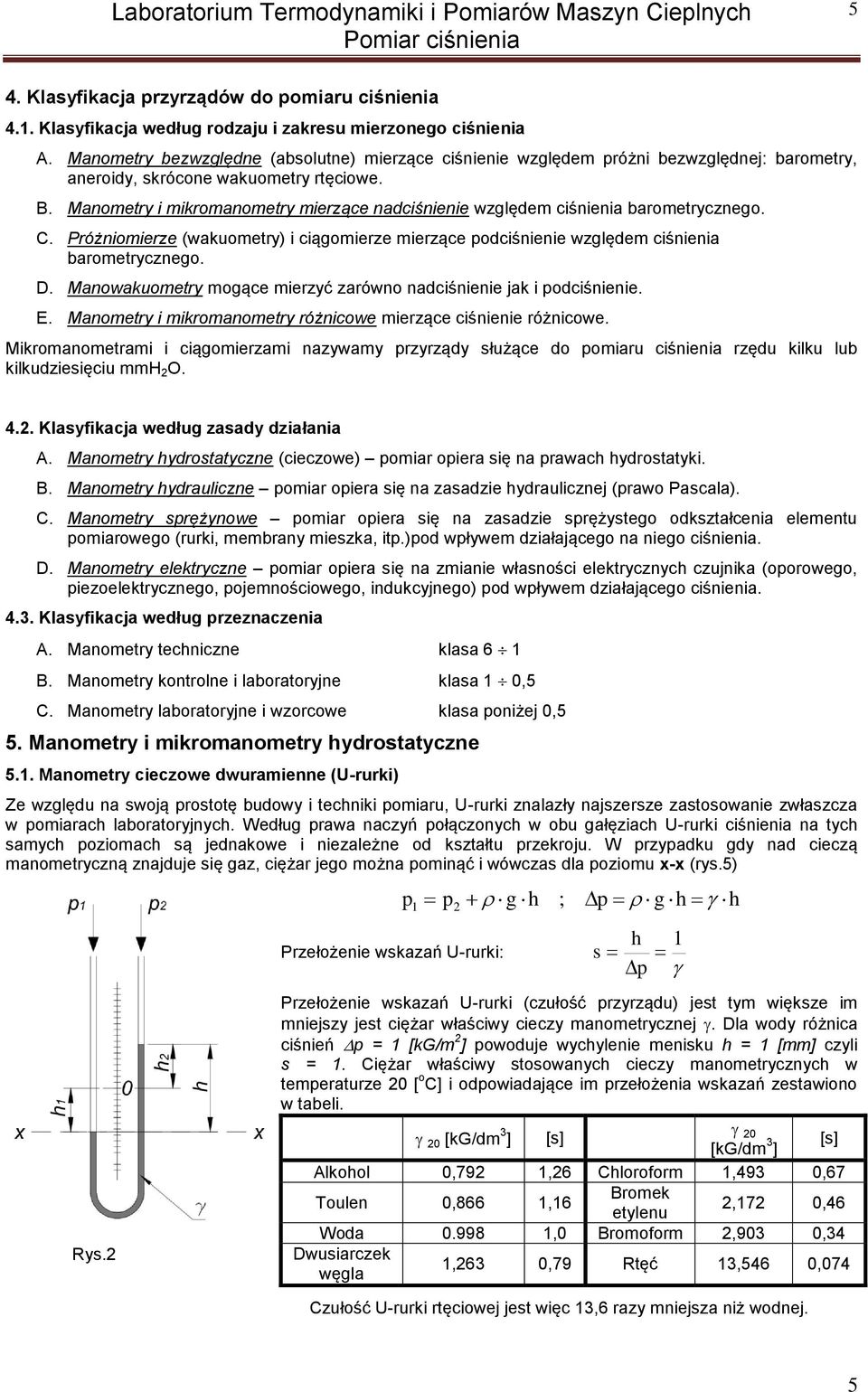 Manometry i mikromanometry mierzące nadciśnienie względem ciśnienia barometrycznego. C. Próżniomierze (wakuometry) i ciągomierze mierzące odciśnienie względem ciśnienia barometrycznego. D.