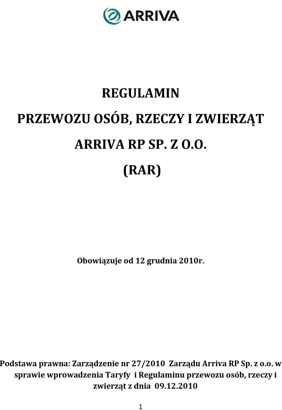 o. w sprawie wprowadzenia Taryfy i Regulaminu przewozu osób,