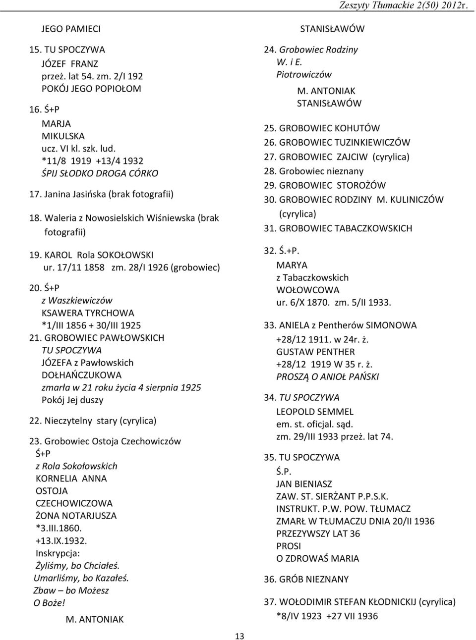 Ś+P z Waszkiewiczów KSAWERA TYRCHOWA *1/III 1856 + 30/III 1925 21. GROBOWIEC PAWŁOWSKICH TU SPOCZYWA JÓZEFA z Pawłowskich DOŁHAŃCZUKOWA zmarła w 21 roku życia 4 sierpnia 1925 Pokój Jej duszy 22.