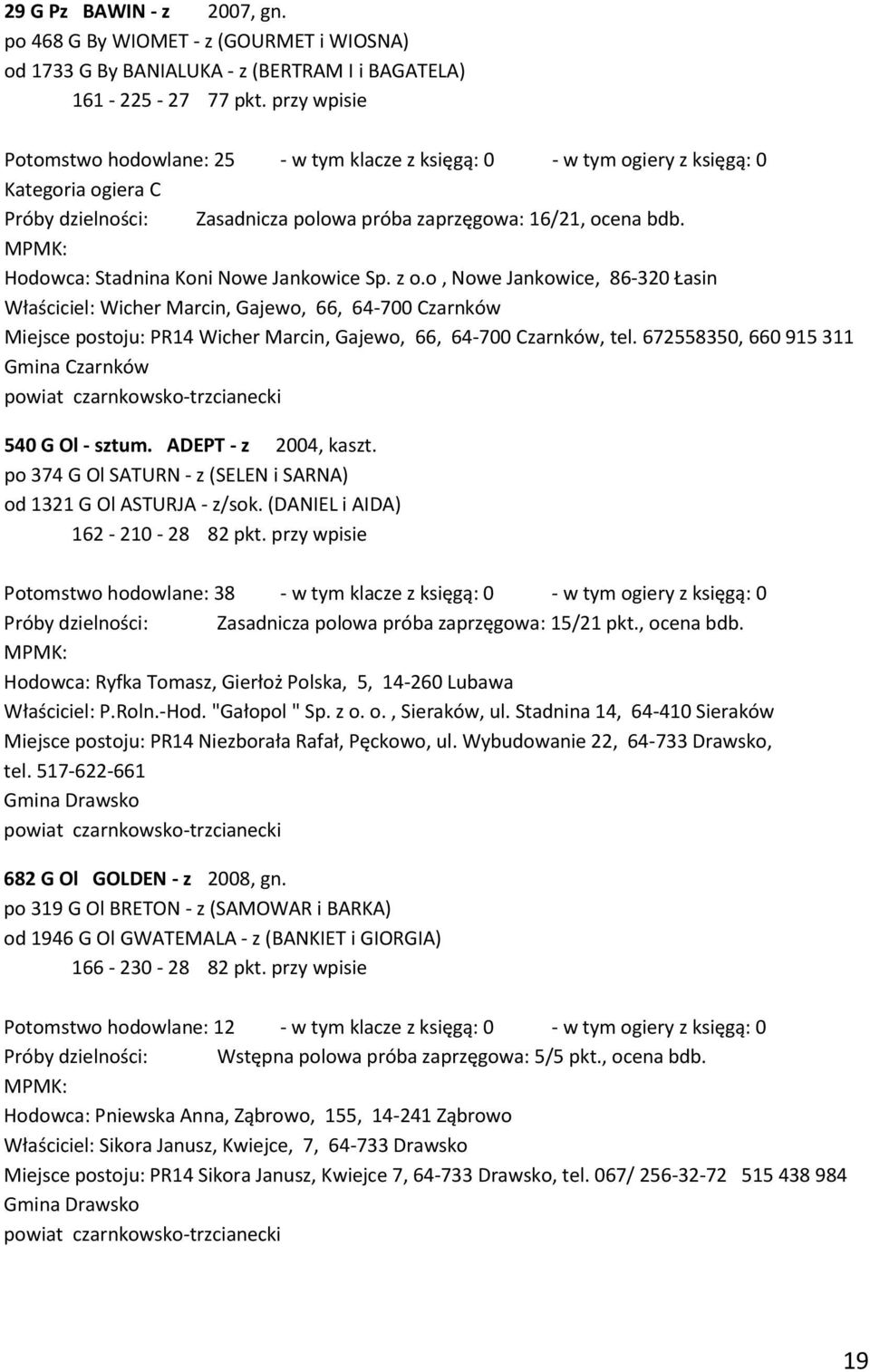 o, Nowe Jankowice, 86-320 Łasin Właściciel: Wicher Marcin, Gajewo, 66, 64-700 Czarnków Miejsce postoju: PR14 Wicher Marcin, Gajewo, 66, 64-700 Czarnków, tel.