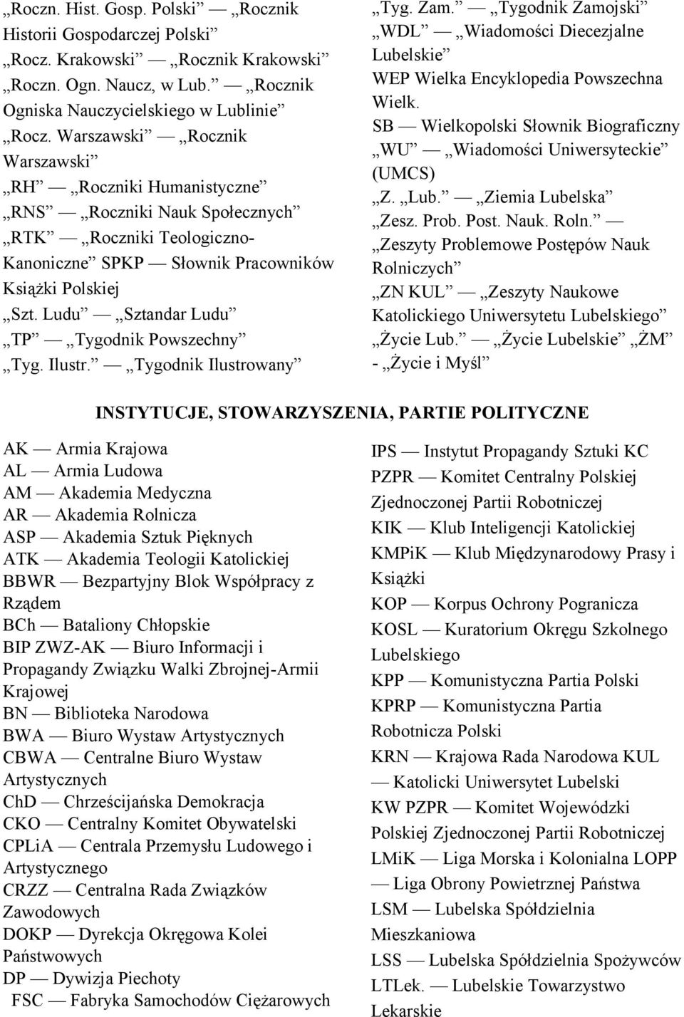 Ludu Sztandar Ludu TP Tygodnik Powszechny Tyg. Ilustr. Tygodnik Ilustrowany Tyg. Zam. Tygodnik Zamojski WDL Wiadomości Diecezjalne Lubelskie WEP Wielka Encyklopedia Powszechna Wielk.