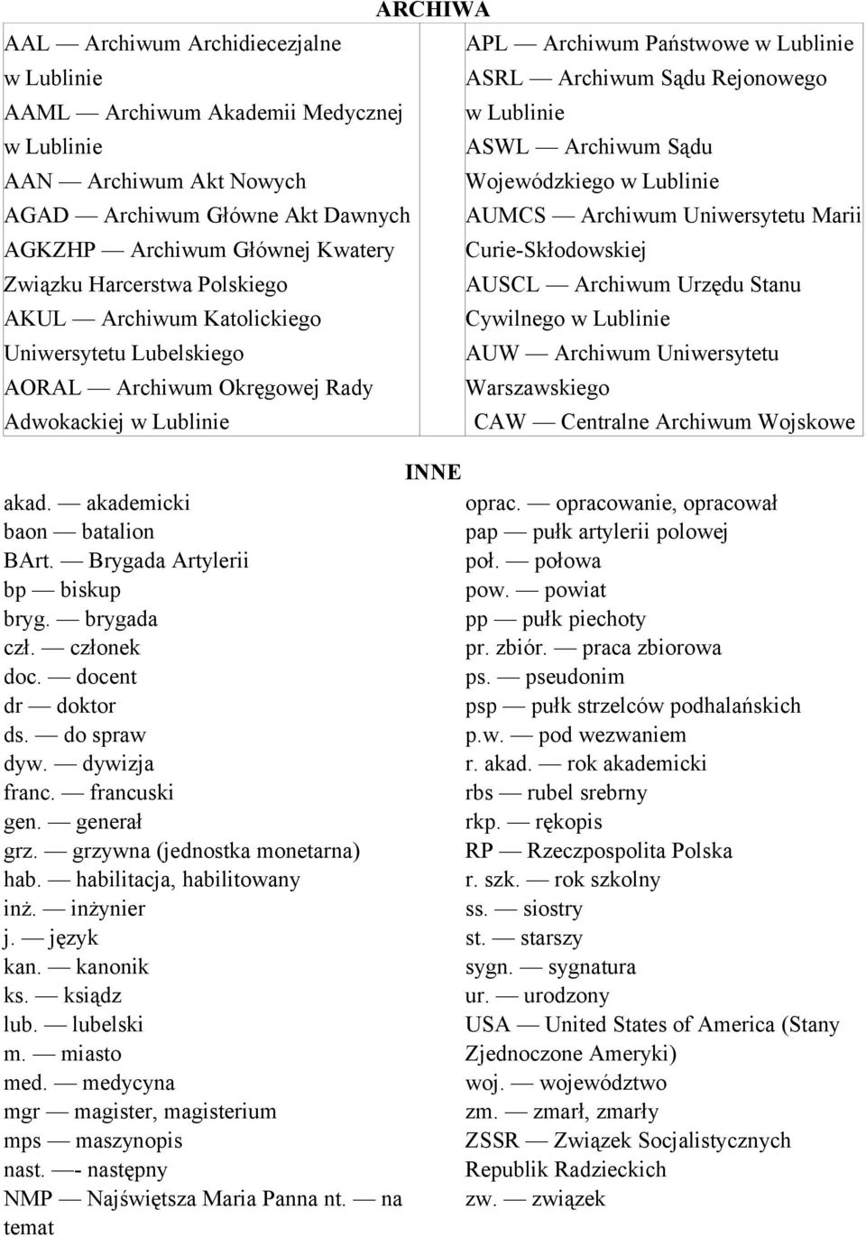 Urzędu Stanu AKUL Archiwum Katolickiego Cywilnego w Lublinie Uniwersytetu Lubelskiego AUW Archiwum Uniwersytetu AORAL Archiwum Okręgowej Rady Warszawskiego Adwokackiej w Lublinie CAW Centralne