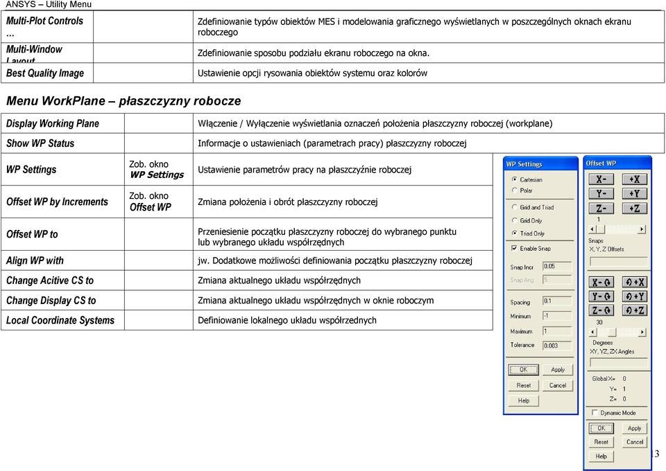 Ustawienie opcji rysowania obiektów systemu oraz kolorów Menu WorkPlane płaszczyzny robocze Display Working Plane Show WP Status WP Settings Offset WP by Increments Offset WP to Align WP with Change