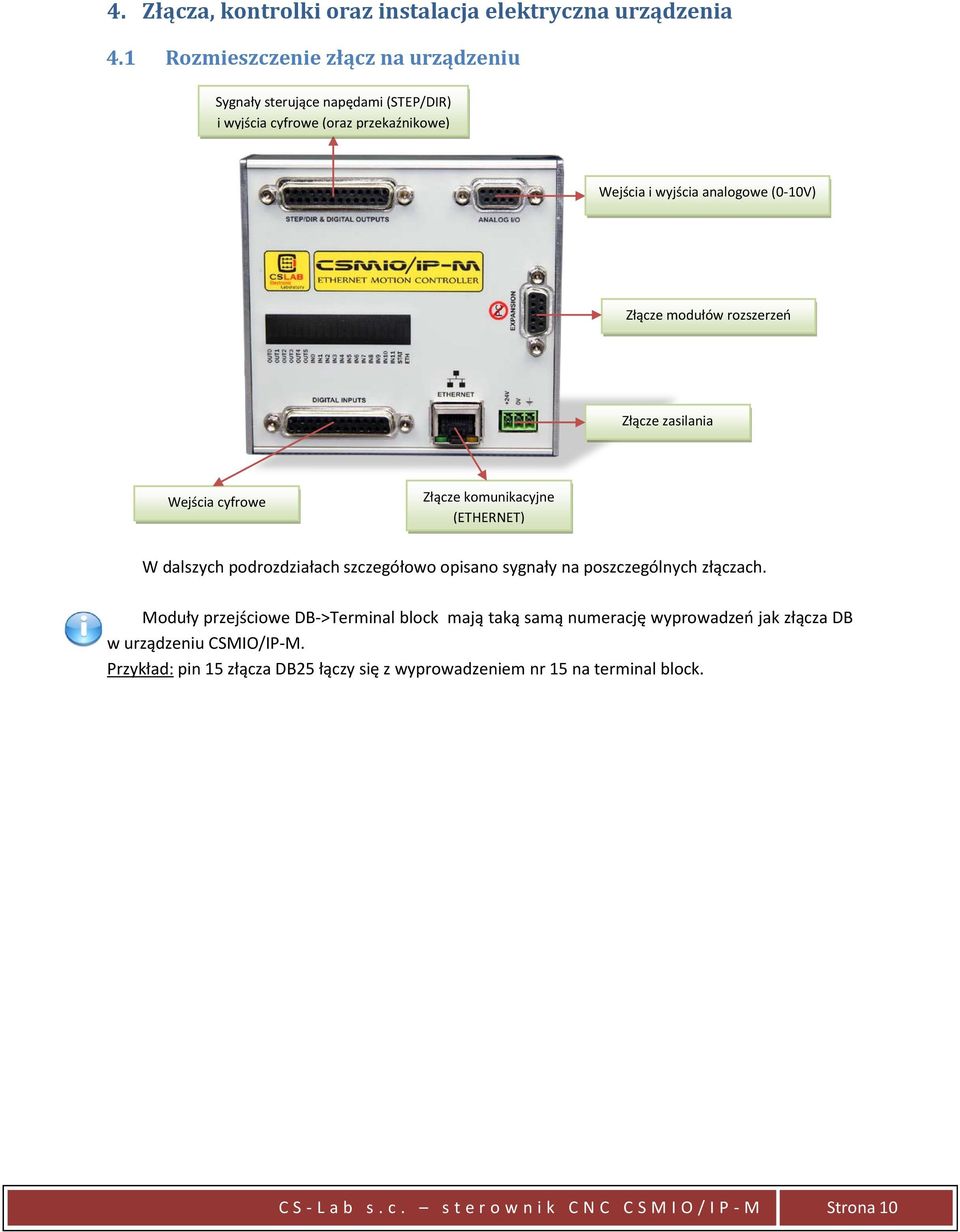 modułów rozszerzeń Złącze zasilania Wejścia cyfrowe Złącze komunikacyjne (ETHERNET) W dalszych podrozdziałach szczegółowo opisano sygnały na poszczególnych