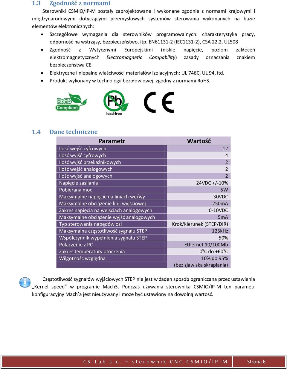 2, UL508 Zgodność z Wytycznymi Europejskimi (niskie napięcie, poziom zakłóceń elektromagnetycznych Electromagnetic Compability) zasady oznaczania znakiem bezpieczeństwa CE.