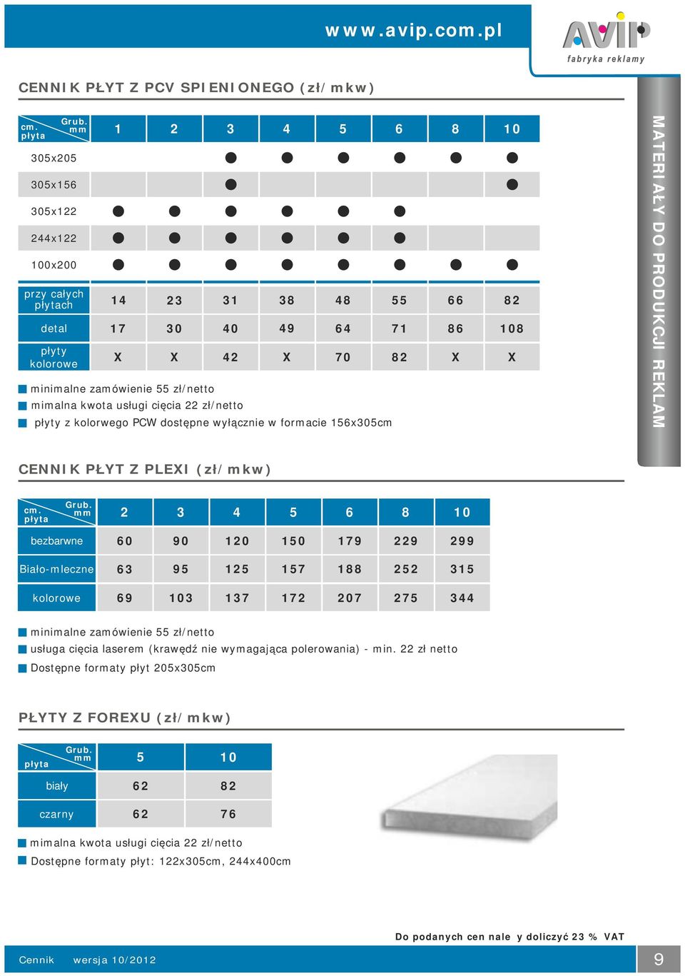 kolorwego PCW dostępne wyłącznie w formacie 156x305cm 49 X 64 70 71 82 86 X 108 X MATERIAŁY DO PRODUKCJI REKLAM CENNIK PŁYT Z PLEXI (zł/mkw) cm. płyta Grub.