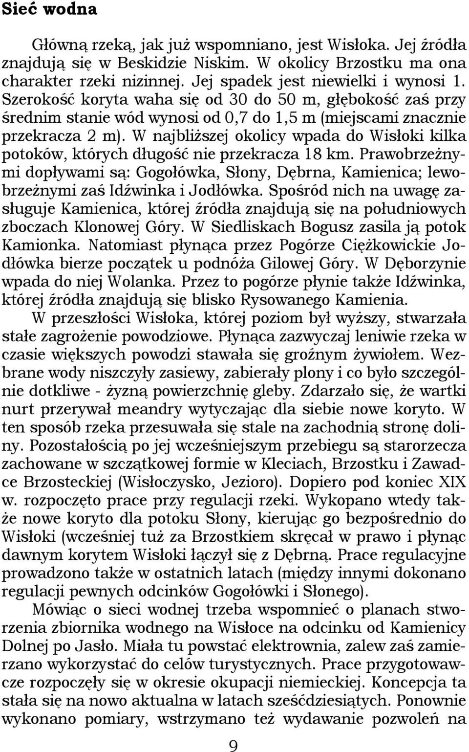 W najbliższej okolicy wpada do Wisłoki kilka potoków, których długość nie przekracza 18 km. Prawobrzeżnymi dopływami są: Gogołówka, Słony, Dębrna, Kamienica; lewobrzeżnymi zaś Idźwinka i Jodłówka.