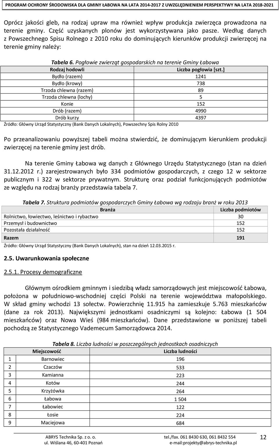 Pogłowie zwierząt gospodarskich na terenie Gminy Łabowa Rodzaj hodowli Liczba pogłowia [szt.