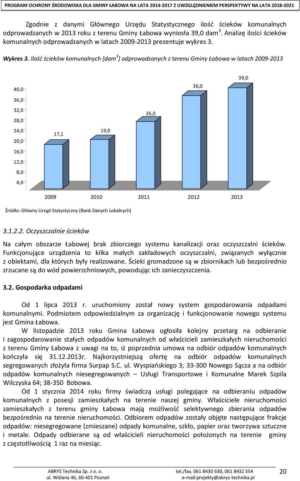 Ilość ścieków komunalnych [dam 3 ] odprowadzanych z terenu Gminy Łabowa w latach 2009-2013 40,0 36,0 36,0 39,0 32,0 28,0 24,0 20,0 16,0 12,0 8,0 4,0 17,1 19,0 26,0 0,0 2009 2010 2011 2012 2013