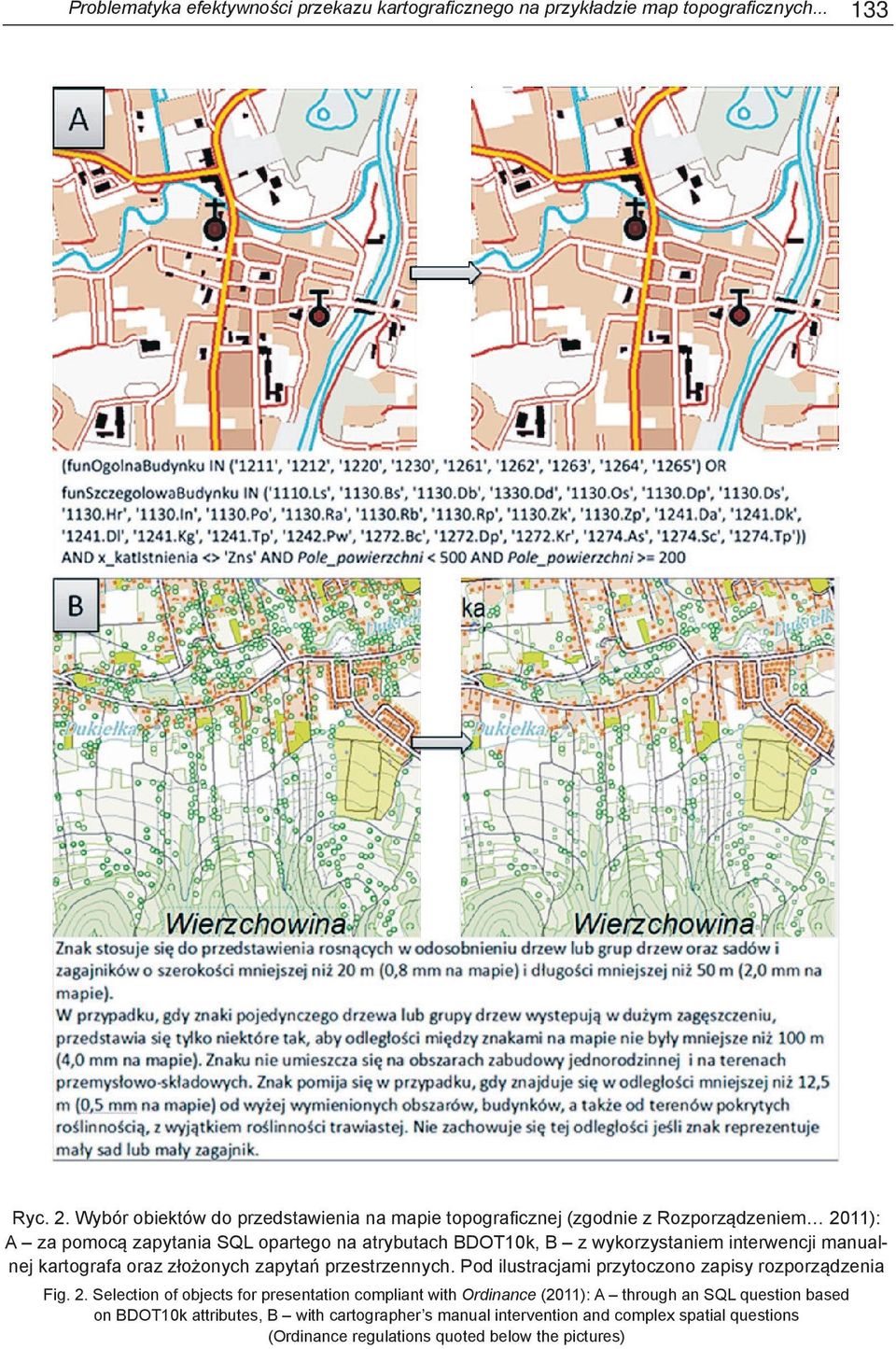 wykorzystaniem interwencji manualnej kartografa oraz złożonych zapytań przestrzennych. Pod ilustracjami przytoczono zapisy rozporządzenia Fig. 2.