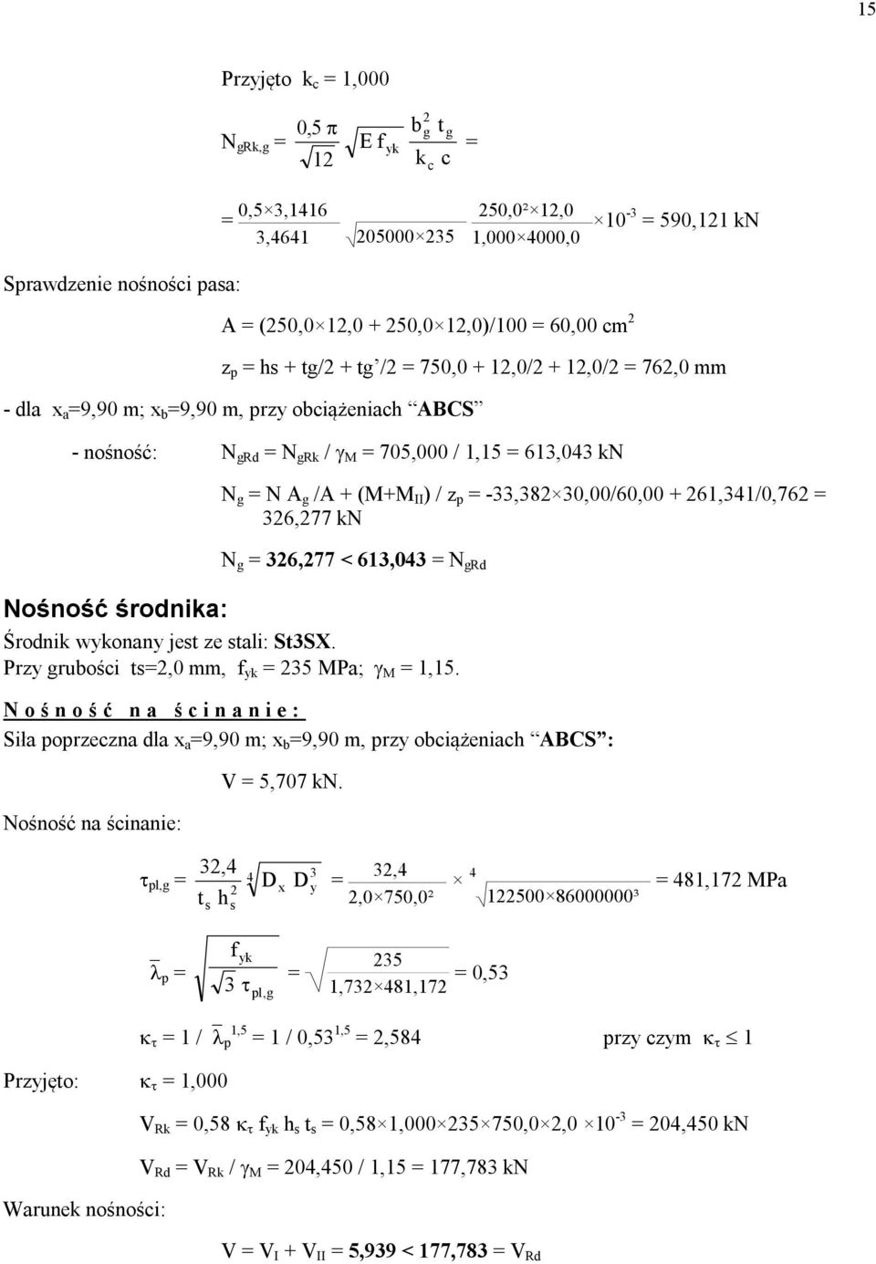 p = -33,38 30,00/60,00 + 61,341/0,76 = 36,77 kn N g = 36,77 < 613,043 = N grd Nośność środnika: Środnik wykonany jest ze stali: St3SX. Przy grubości ts=,0 mm, f yk = 35 MPa; M = 1,15.