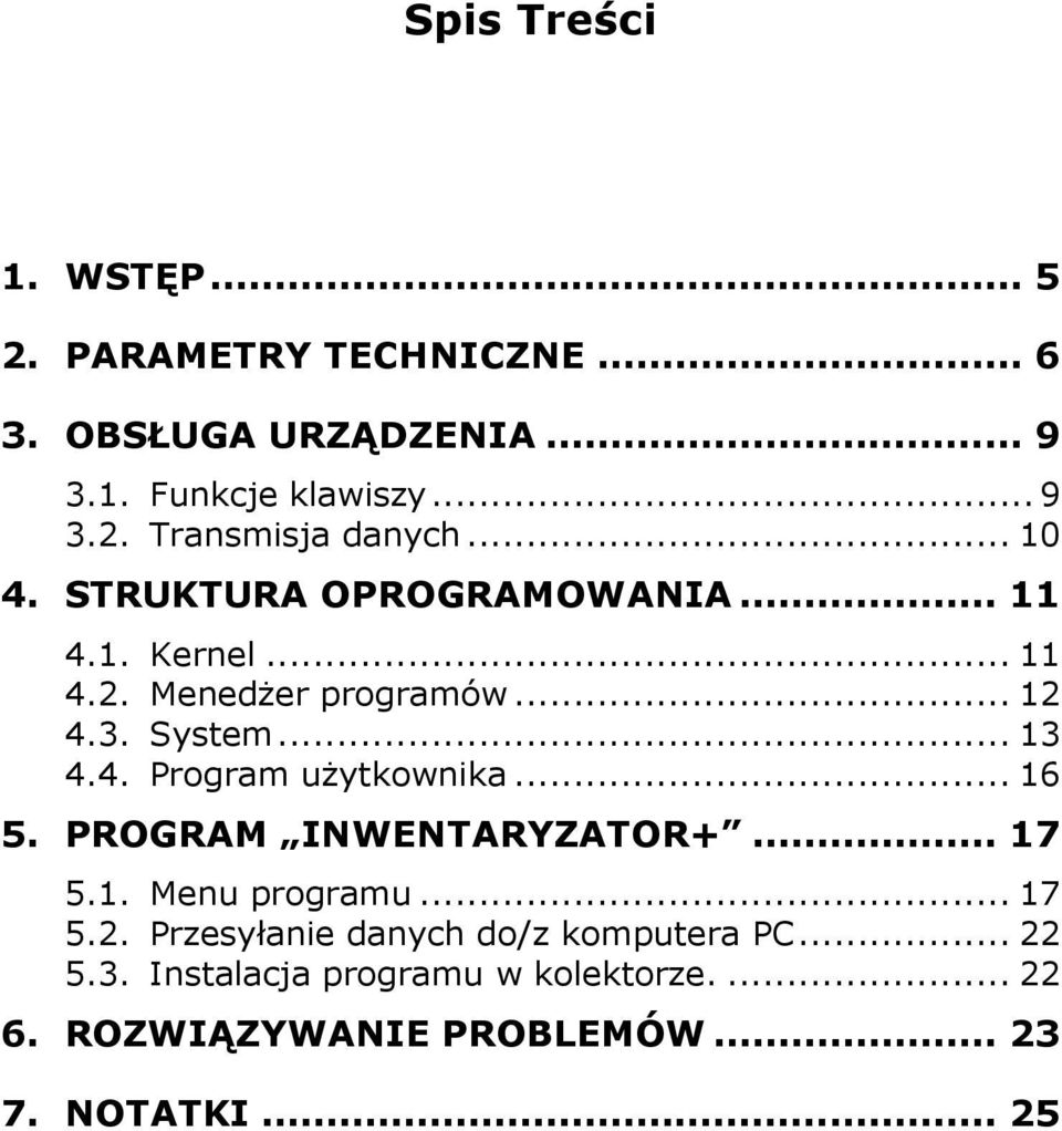 .. 16 5. PROGRAM INWENTARYZATOR+... 17 5.1. Menu programu... 17 5.2. Przesyłanie danych do/z komputera PC... 22 5.3.