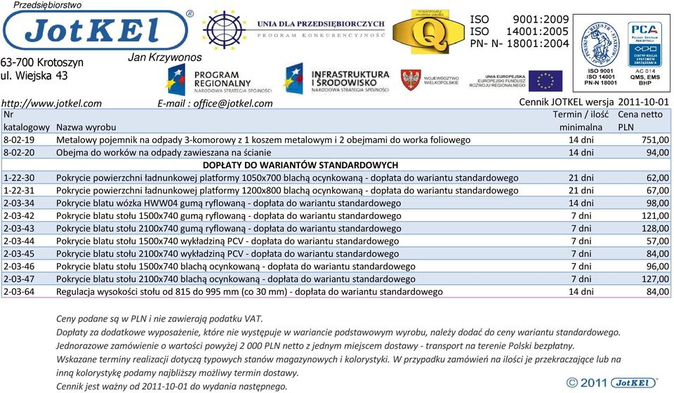 platformy 1200x800 blachą ocynkowaną - dopłata do wariantu standardowego 21 dni 67,00 2-03-34 Pokrycie blatu wózka HWW04 gumą ryflowaną - dopłata do wariantu standardowego 14 dni 98,00 2-03-42