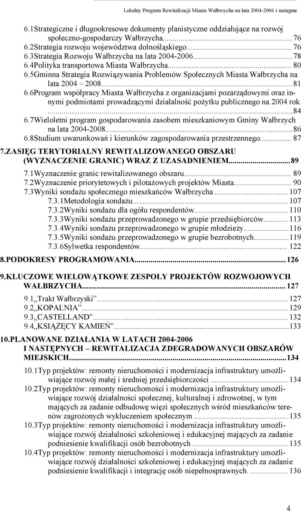 6Program współpracy Miasta Wałbrzycha z organizacjami pozarządowymi oraz innymi podmiotami prowadzącymi działalność pożytku publicznego na 2004 rok...84 6.