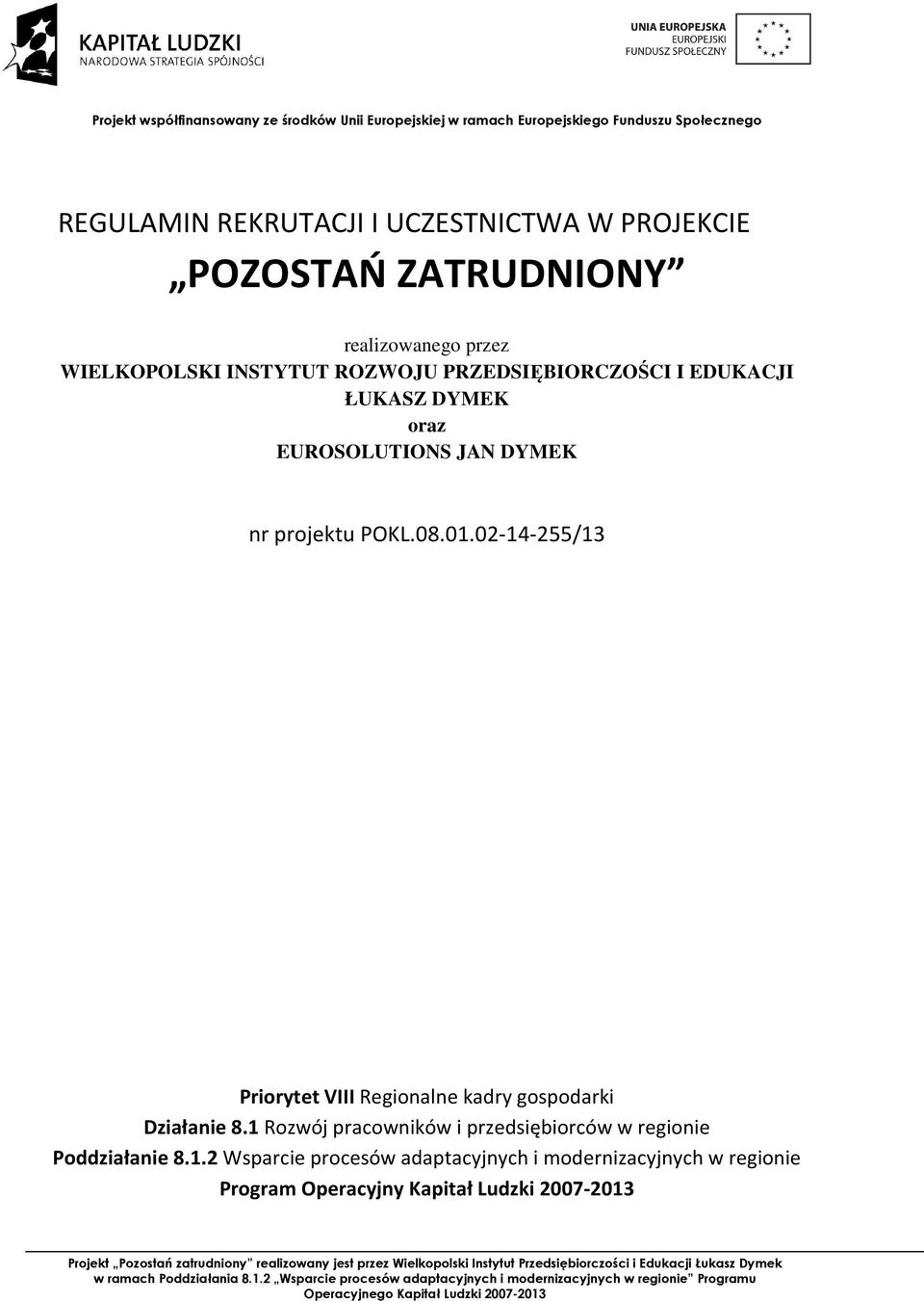 02-14-255/13 Priorytet VIII Regionalne kadry gospodarki Działanie 8.