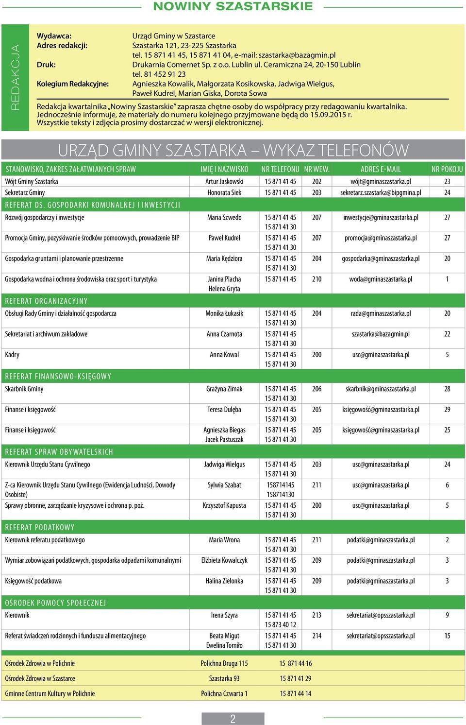 81 452 91 23 Agnieszka Kowalik, Małgorzata Kosikowska, Jadwiga Wielgus, Paweł Kudrel, Marian Giska, Dorota Sowa Redakcja kwartalnika Nowiny Szastarskie zaprasza chętne osoby do współpracy przy