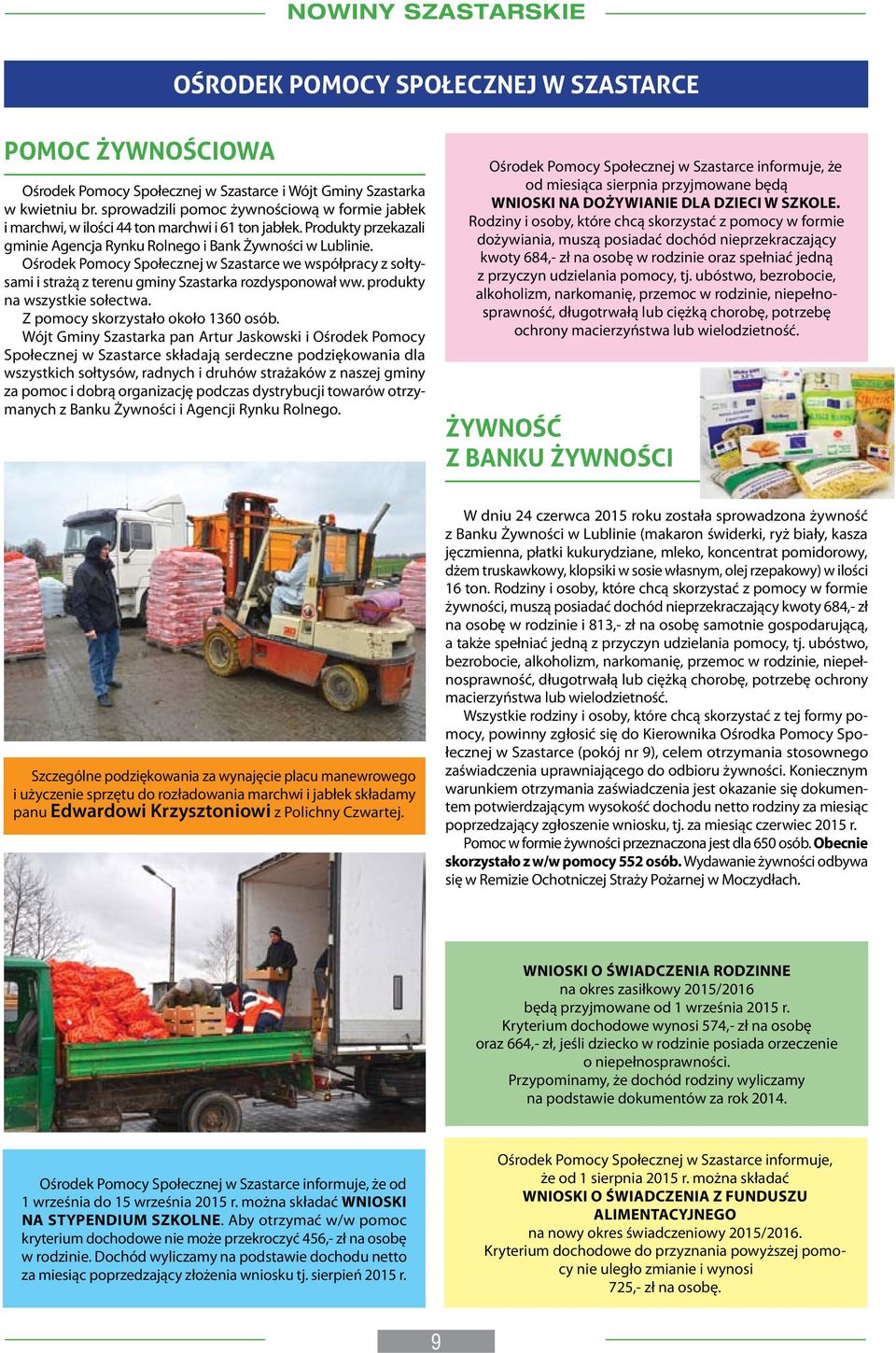 Ośrodek Pomocy Społecznej w Szastarce we współpracy z sołtysami i strażą z terenu gminy Szastarka rozdysponował ww. produkty na wszystkie sołectwa. Z pomocy skorzystało około 1360 osób.