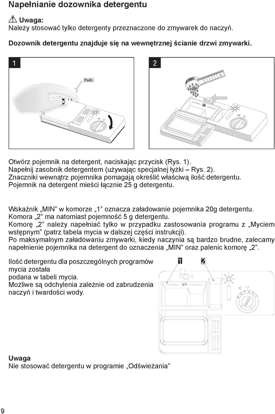 Pojemnik na detergent mieści łącznie 25 g detergentu. Wskaźnik MIN w komorze 1 oznacza załadowanie pojemnika 20g detergentu. Komora 2 ma natomiast pojemność 5 g detergentu.