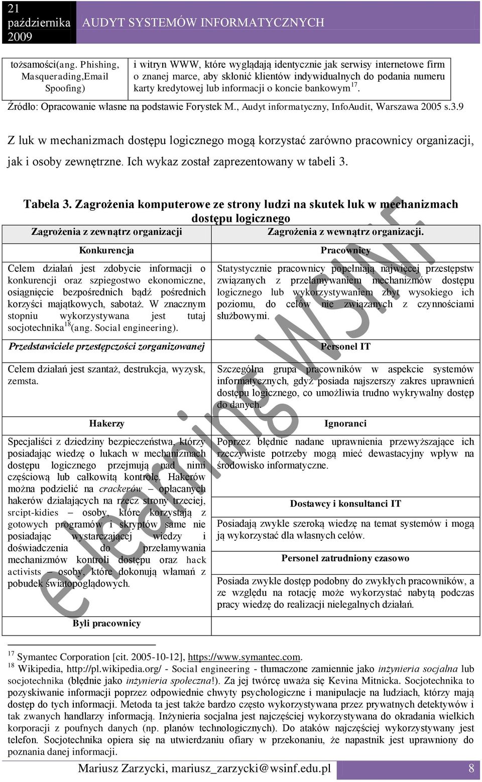 lub informacji o koncie bankowym 17. Źródło: Opracowanie własne na podstawie Forystek M., Audyt informatyczny, InfoAudit, Warszawa 2005 s.3.