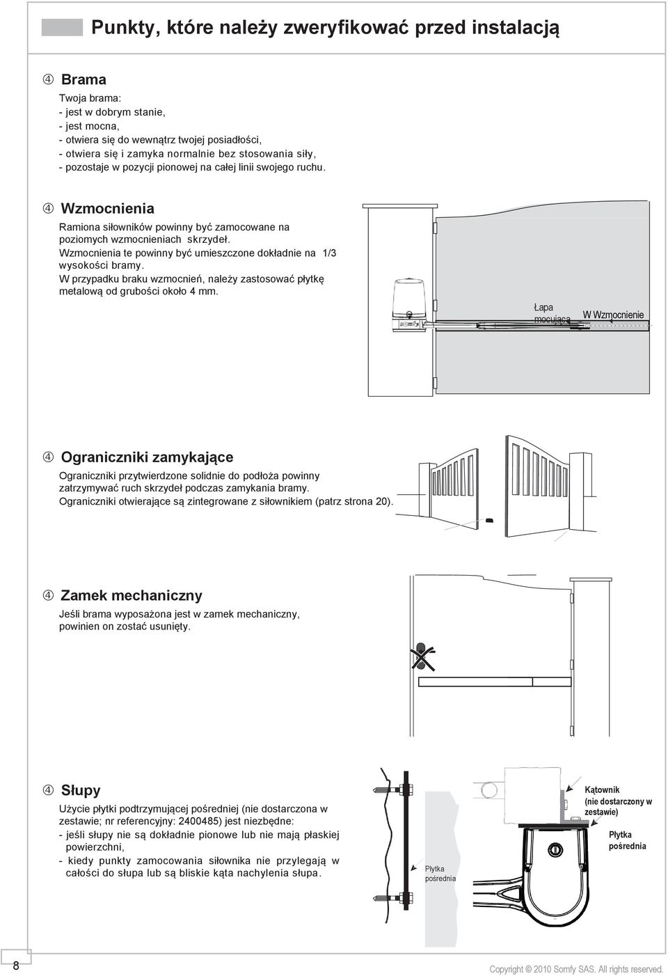 Wzmocnienia te powinny być umieszczone dokładnie na 1/3 wysokości bramy. W przypadku braku wzmocnień, należy zastosować płytkę metalową od grubości około 4 mm.