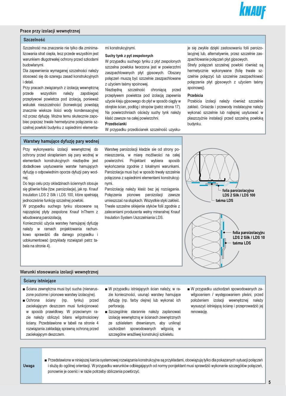 Knauf Insulation LDS 2 Silk i LDS 0, które spełniają jednocześnie funkcję szczelnej powłoki. W przypadku suchego tynku stosowane są najczęściej płyty zespolone z wbudowaną paroizolacją.