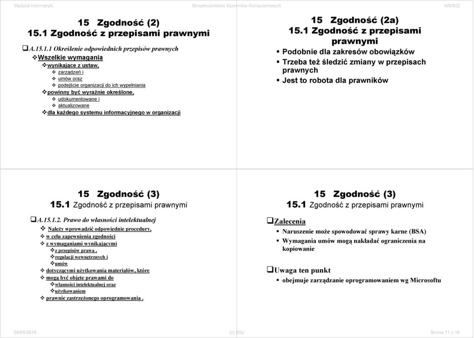 1 Zgodność z przepisami prawnymi Podobnie dla zakresów obowiązków Trzeba też śledzić zmiany w przepisach prawnych Jest to robota dla prawników 15 Zgodność (3) A.15.1.2.