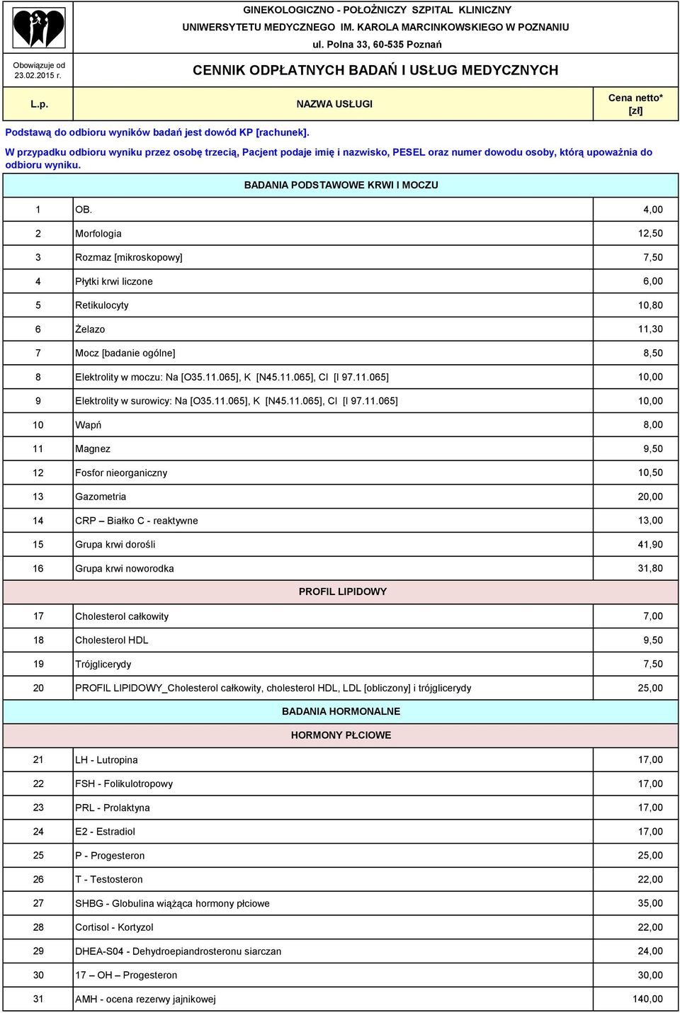 4,00 2 Morfologia 12,50 3 Rozmaz [mikroskopowy] 7,50 4 Płytki krwi liczone 6,00 5 Retikulocyty 10,80 6 Żelazo 11,30 7 Mocz [badanie ogólne] 8,50 8 Elektrolity w moczu: Na [O35.11.065], K [N45.11.065], Cl [I 97.