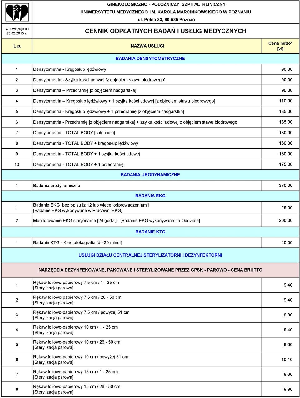 Przedramię [z objęciem nadgarstka] + szyjka kości udowej z objęciem stawu biodrowego 135,00 7 Densytometria - TOTAL BODY [całe ciało] 130,00 8 Densytometria - TOTAL BODY + kręgosłup lędźwiowy 160,00