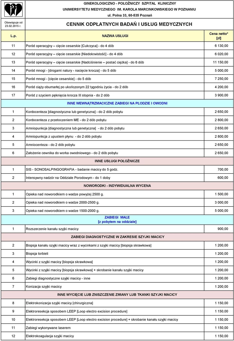 tygodniu życia - do 2 dób 4 200,00 17 Poród z szyciem pęknięcia krocza III stopnia - do 2 dób 3 900,00 INNE WEWNĄTRZMACICZNE ZABIEGI NA PŁODZIE I OWODNI 1 Kordocenteza [diagnostyczna lub genetyczna]