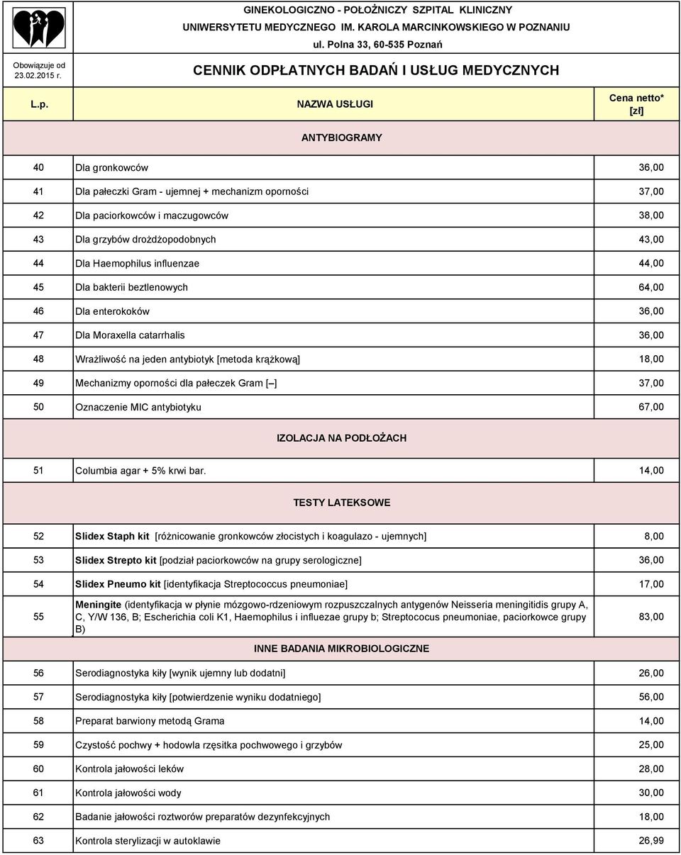 pałeczek Gram [ ] 37,00 50 Oznaczenie MIC antybiotyku 67,00 IZOLACJA NA PODŁOŻACH 51 Columbia agar + 5% krwi bar.