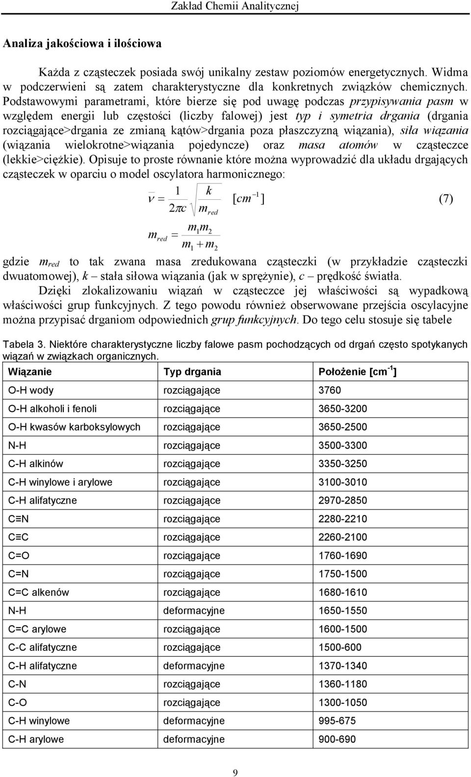 kątów>drgania poza płaszczyzną wiązania), siła wiązania (wiązania wielokrotne>wiązania pojedyncze) oraz masa atomów w cząsteczce (lekkie>ciężkie).