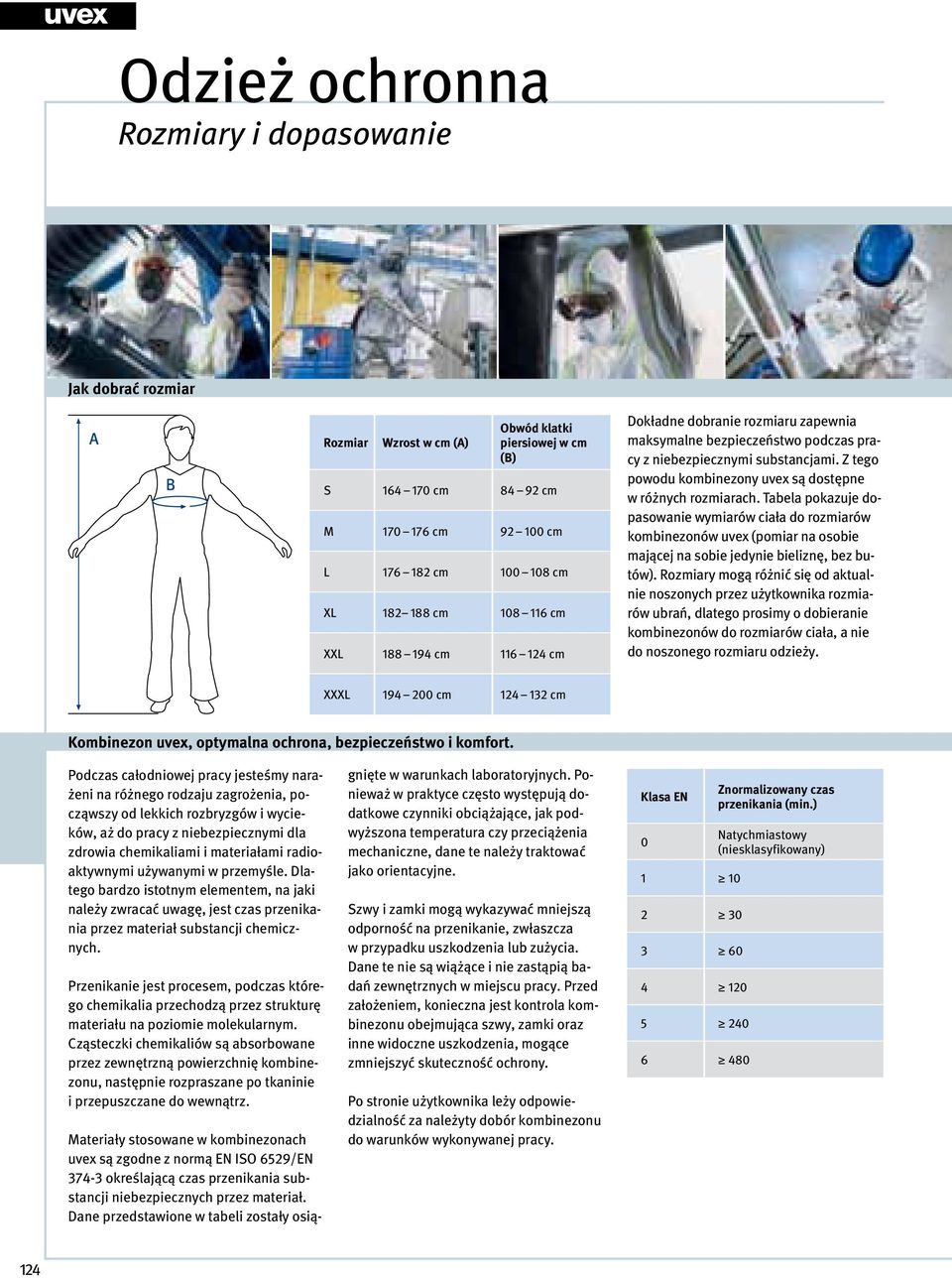 Tabela pokazuje dopasowanie wymiarów ciała do rozmiarów kombinezonów uvex (pomiar na osobie mającej na sobie jedynie bieliznę, bez butów).