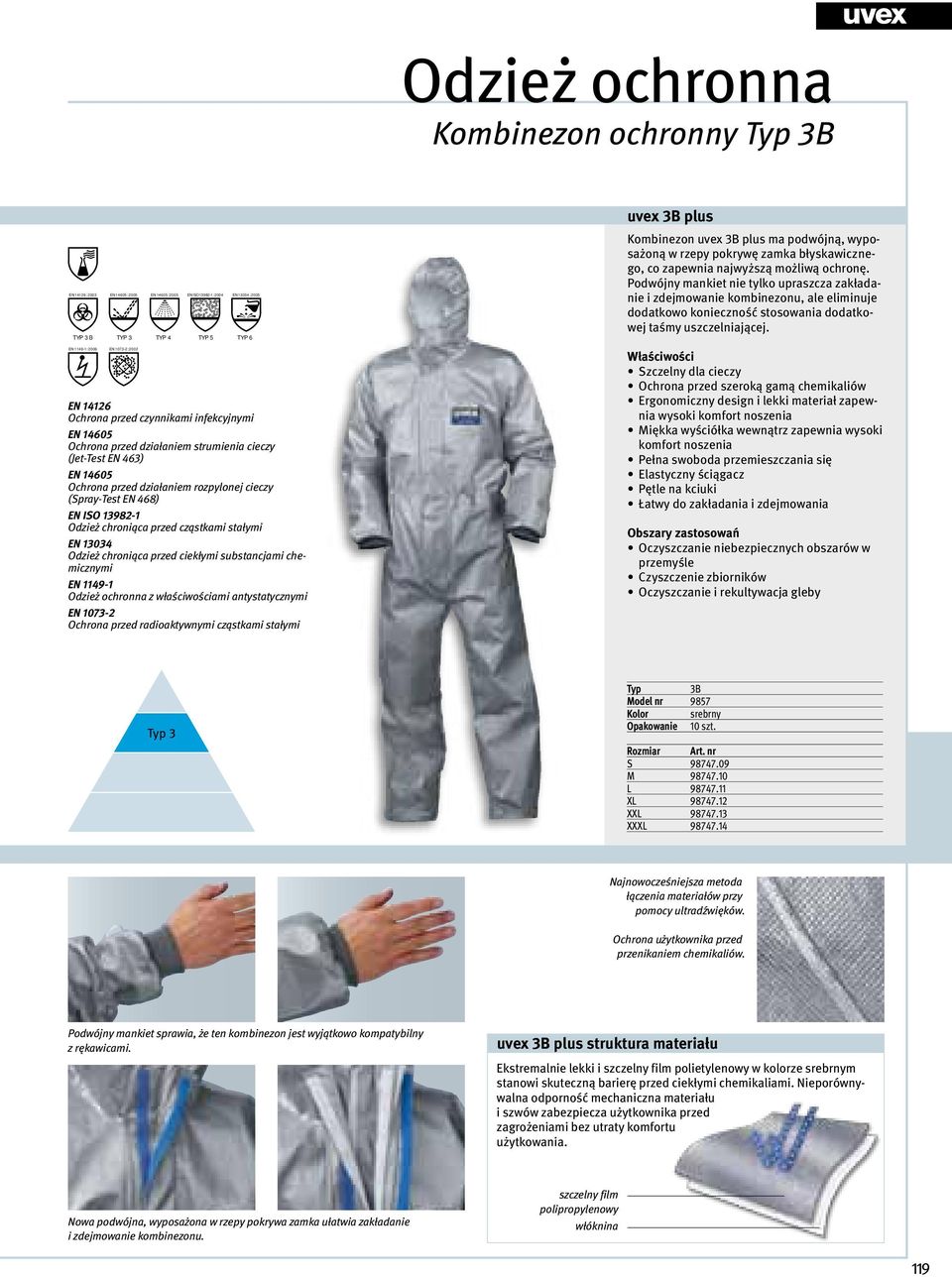 13034 Odzież chroniąca przed ciekłymi substancjami chemicznymi EN 1149-1 Odzież ochronna z właściwościami antystatycznymi EN 1073-2 Ochrona przed radioaktywnymi cząstkami stałymi uvex 3B plus