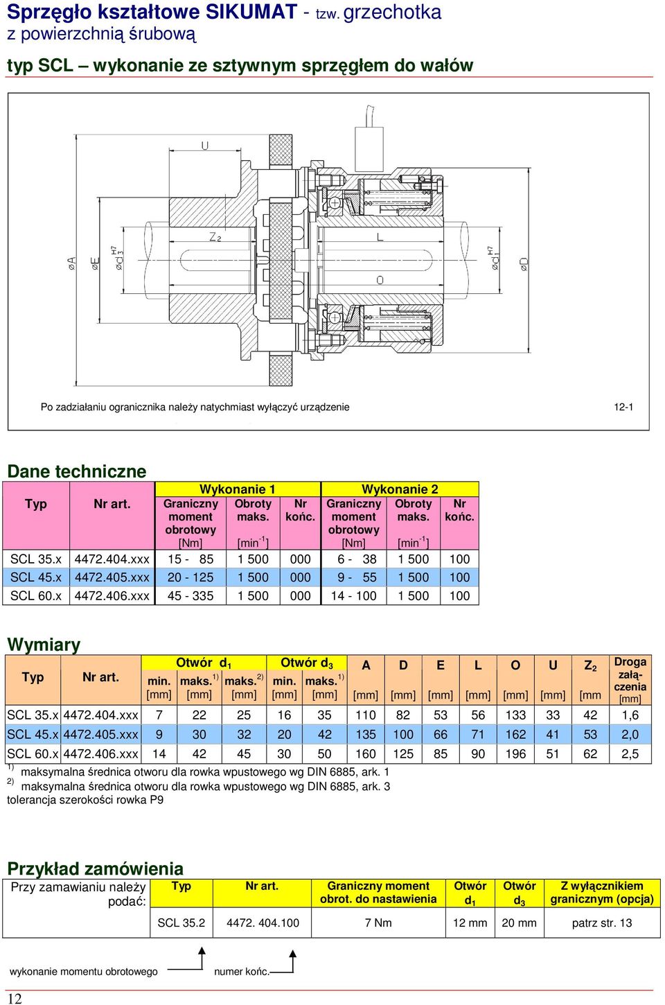 Nr art. Graniczny Obroty maks. Nr końc. Graniczny Obroty maks. Nr końc. obrotowy obrotowy SCL 35.x 4472.404.xxx 15-85 1 500 000 6-38 1 500 100 SCL 45.x 4472.405.