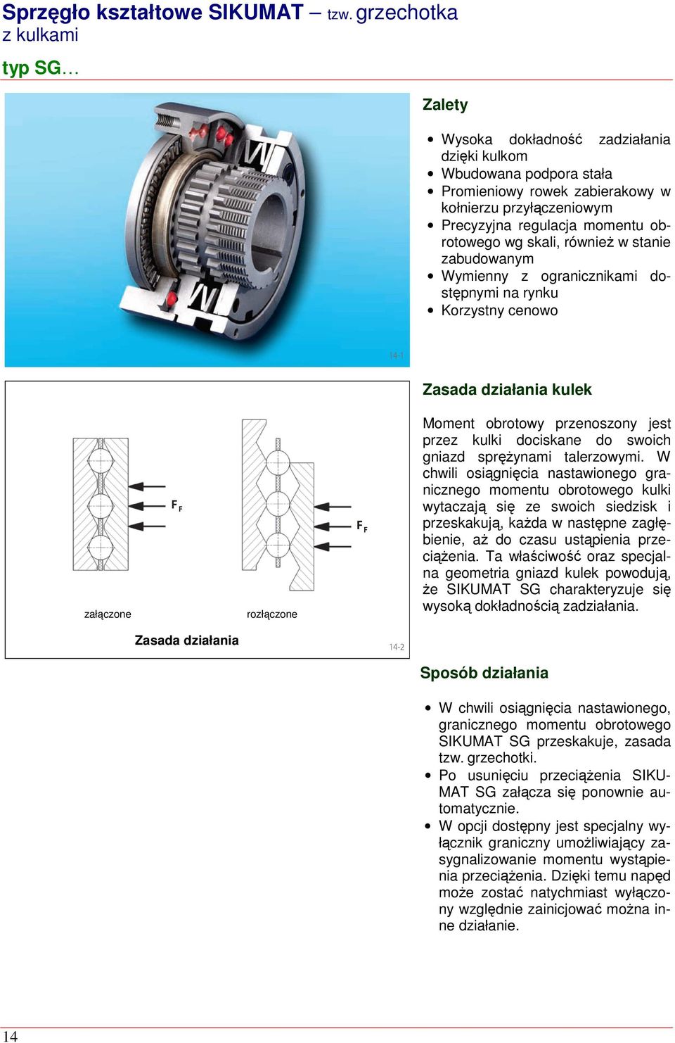 skali, również w stanie zabudowanym Wymienny z ogranicznikami dostępnymi na rynku Korzystny cenowo Zasada działania kulek załączone rozłączone Moment obrotowy przenoszony jest przez kulki dociskane