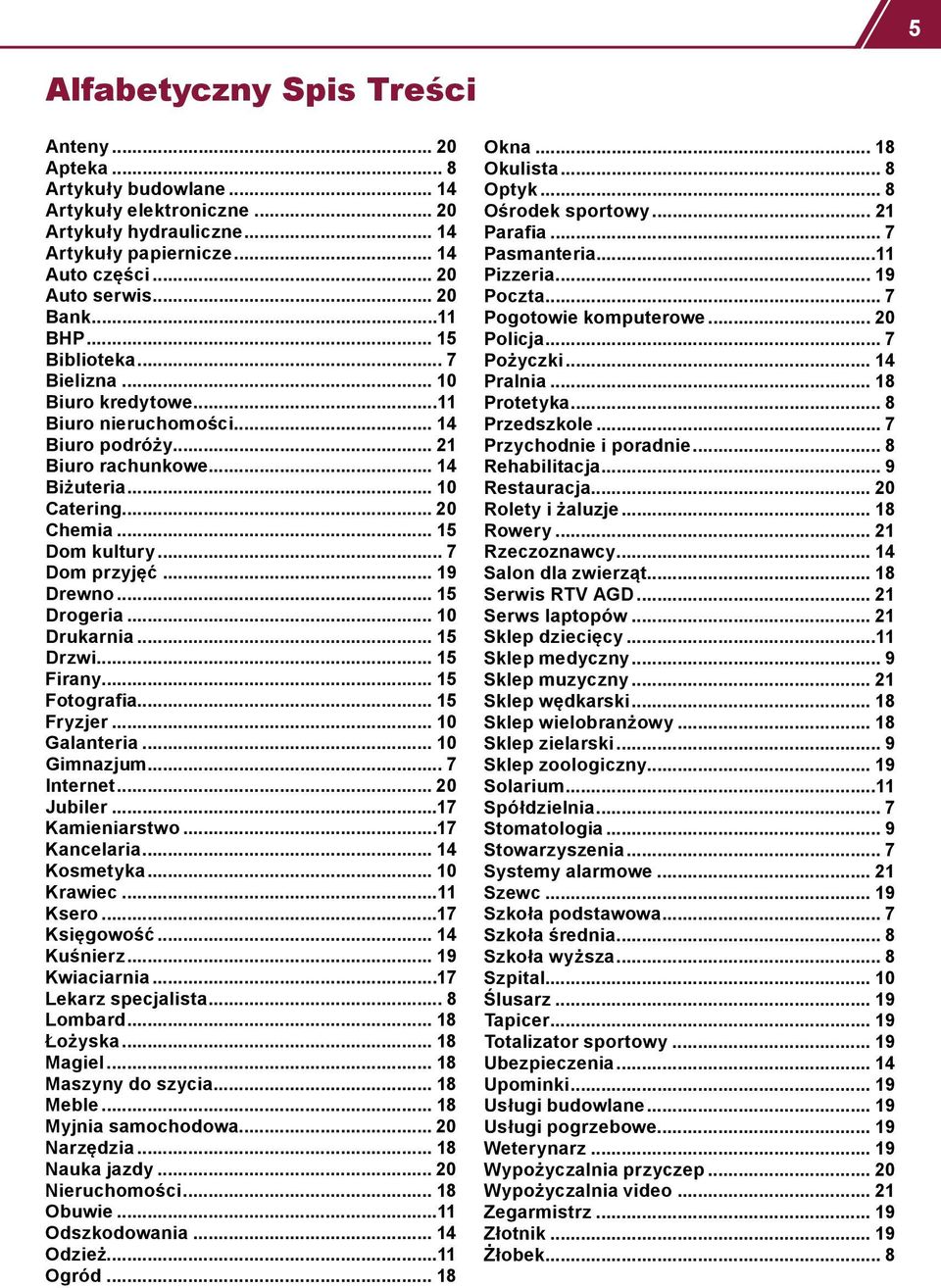 .. 7 Dom przyjęć... 19 Drewno... 15 Drogeria... 10 Drukarnia... 15 Drzwi... 15 Firany... 15 Fotografia... 15 Fryzjer... 10 Galanteria... 10 Gimnazjum... 7 Internet... 20 Jubiler...17 Kamieniarstwo.