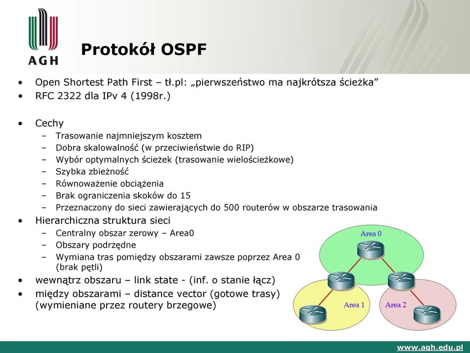 Równoważenie obciążenia Brak ograniczenia skoków do 15 Przeznaczony do sieci zawierających do 500 routerów w obszarze trasowania Hierarchiczna struktura sieci Centralny