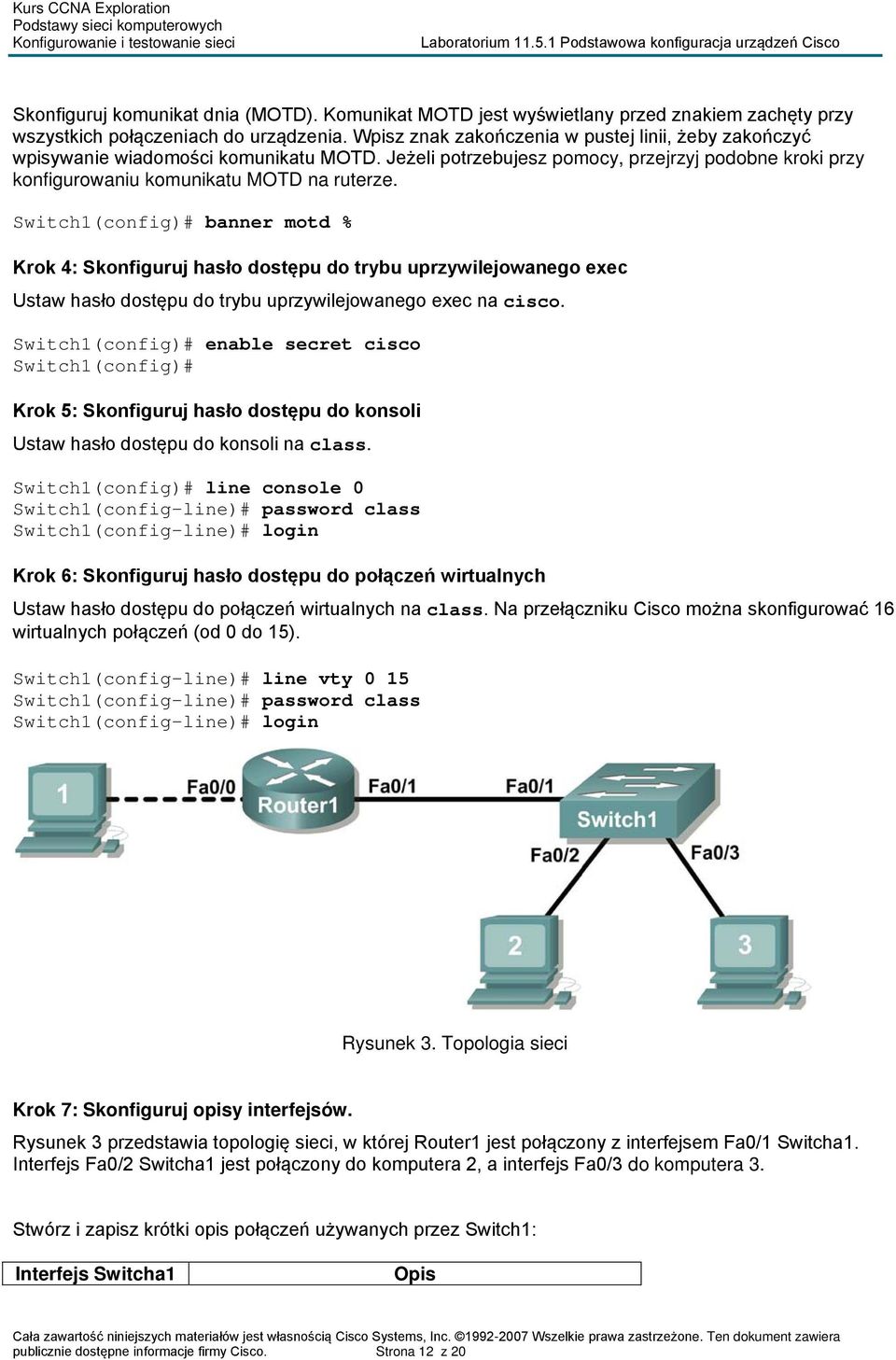 Switch1(config)# banner motd % Krok 4: Skonfiguruj hasło dostępu do trybu uprzywilejowanego exec Ustaw hasło dostępu do trybu uprzywilejowanego exec na cisco.