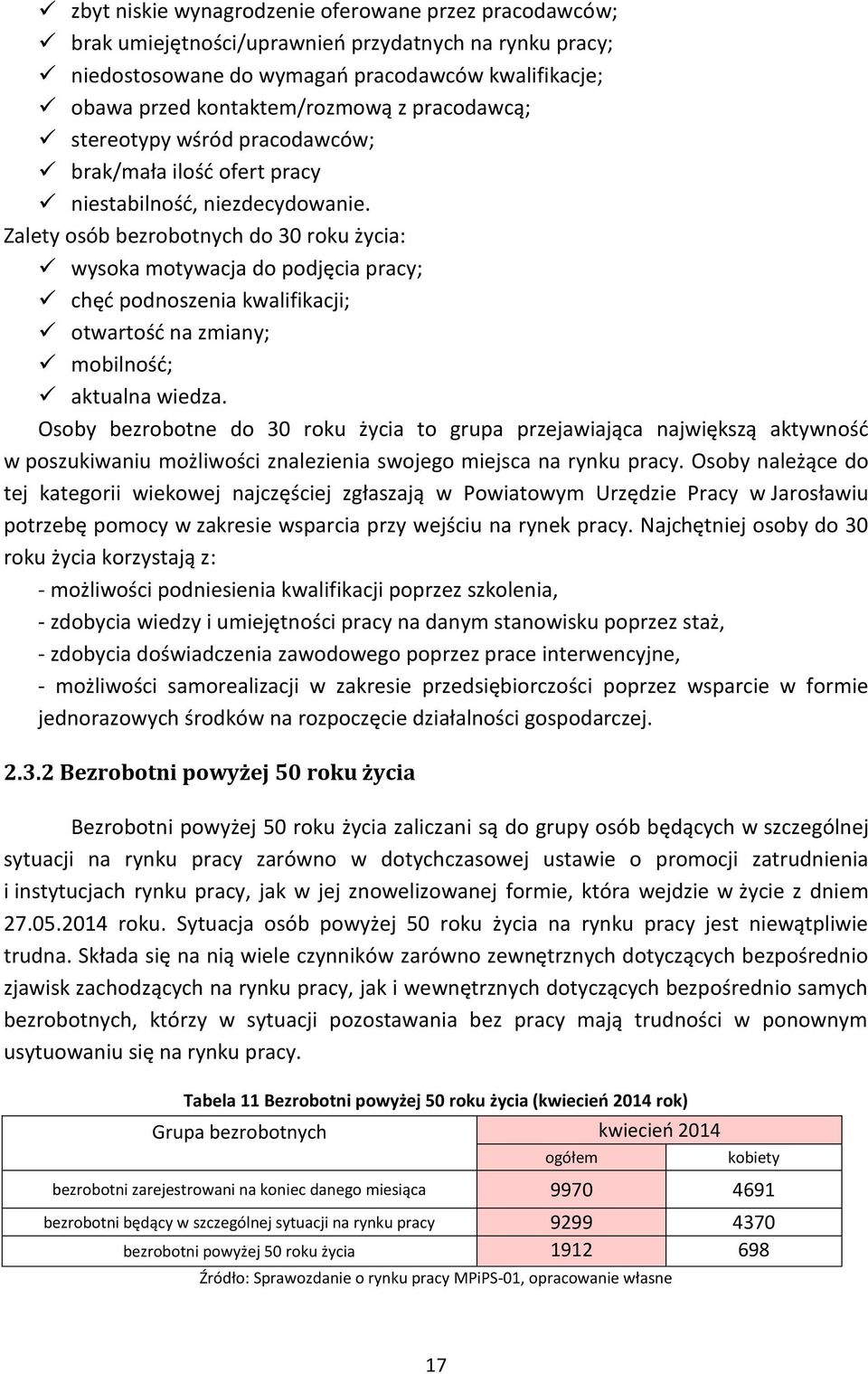 Zalety osób bezrobotnych do 30 roku życia: wysoka motywacja do podjęcia pracy; chęć podnoszenia kwalifikacji; otwartość na zmiany; mobilność; aktualna wiedza.