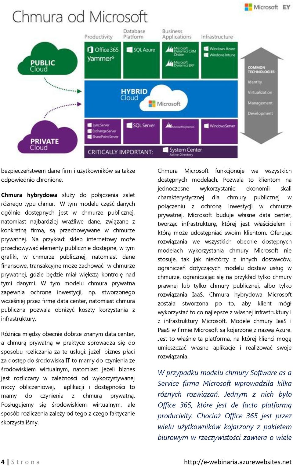 Na przykład: sklep internetowy może przechowywać elementy publicznie dostępne, w tym grafiki, w chmurze publicznej, natomiast dane finansowe, transakcyjne może zachować w chmurze prywatnej, gdzie