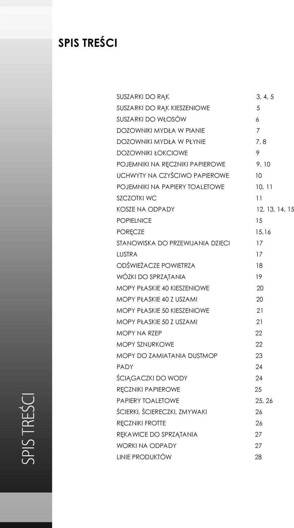 ODŚWIEŻACZE POWIETRZA 18 WÓZKI DO SPRZĄTANIA 19 MOPY PŁASKIE 40 KIESZENIOWE 20 MOPY PŁASKIE 40 Z USZAMI 20 MOPY PŁASKIE 50 KIESZENIOWE 21 MOPY PŁASKIE 50 Z USZAMI 21 MOPY NA RZEP 22 MOPY SZNURKOWE 22