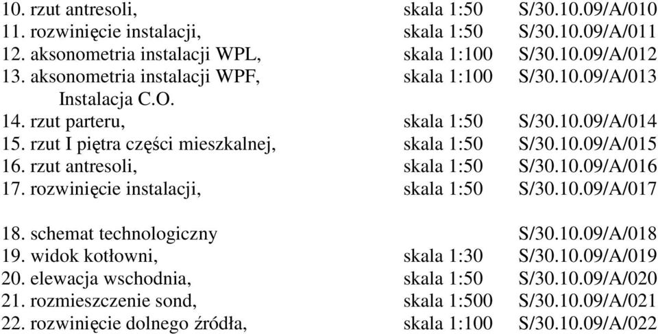 rzut antresoli, skala 1:50 S/30.10.09/A/016 17. rozwinięcie instalacji, skala 1:50 S/30.10.09/A/017 18. schemat technologiczny S/30.10.09/A/018 19. widok kotłowni, skala 1:30 S/30.