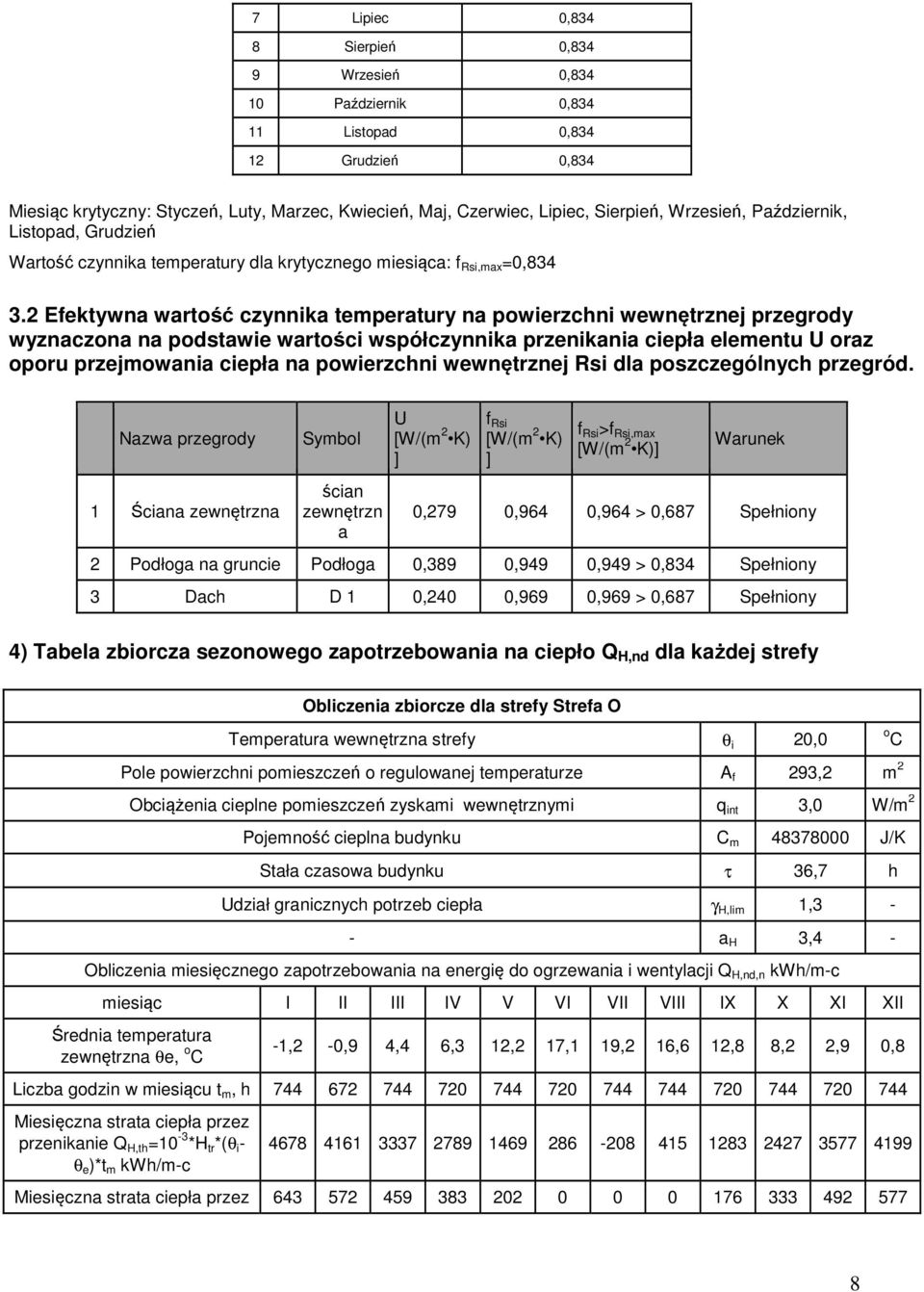 2 Efektywna wartość czynnika temperatury na powierzchni wewnętrznej przegrody wyznaczona na podstawie wartości współczynnika przenikania ciepła elementu U oraz oporu przejmowania ciepła na